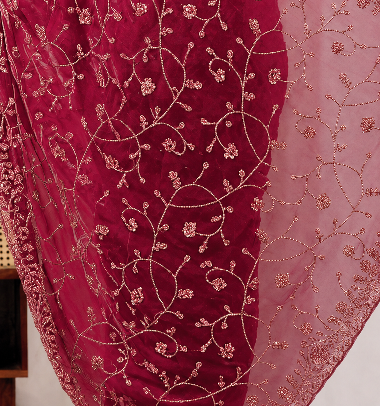 The Rose Red Onyx Sequin Heritage Saree The Dark Pink Onyx Sequin Heritage Saree + The Dark Pink Onyx Sequin Heritage Saree brings dense sequin embroidery to a dark pink base, and it's built for anyone comparing options for a dark pink saree rather than something purely decorative. The colour reads true in both daylight and indoor event lighting, which matters more than it sounds &mdash; a lot of sarees photograph differently under venue lighting than they do in a product shot, and this one has been chosen to hold its tone consistently. &bull; Craftsmanship