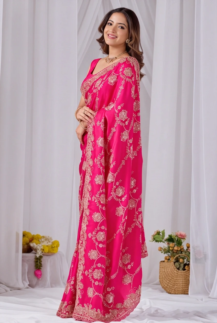 Dark Pink Beads work Embroidery Designer Saree Dark Pink Beads work Embroidery Designer Saree + The Dark Pink Beads Work Embroidery Designer Saree brings hand-applied bead embroidery to a dark pink base, and it's built for anyone comparing options for a dark pink saree rather than something purely decorative. The colour reads true in both daylight and indoor event lighting, which matters more than it sounds &mdash; a lot of sarees photograph differently under venue lighting than they do in a product shot, and this one has been chosen to hold its tone consistently. &bull; Craftsmanship