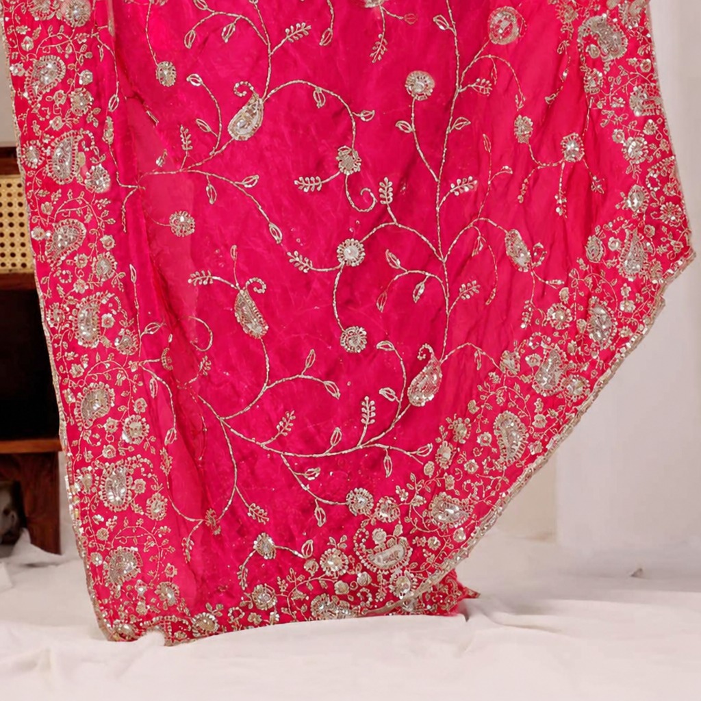 Dark Pink Regal Floral Heritage Saree Dark Pink Regal Floral Heritage Saree + The Dark Pink Regal Floral Heritage Saree brings traditional floral motif weaving to a dark pink base, and it's built for anyone comparing options for a dark pink saree rather than something purely decorative. The colour reads true in both daylight and indoor event lighting, which matters more than it sounds &mdash; a lot of sarees photograph differently under venue lighting than they do in a product shot, and this one has been chosen to hold its tone consistently. &bull; Craftsmanship