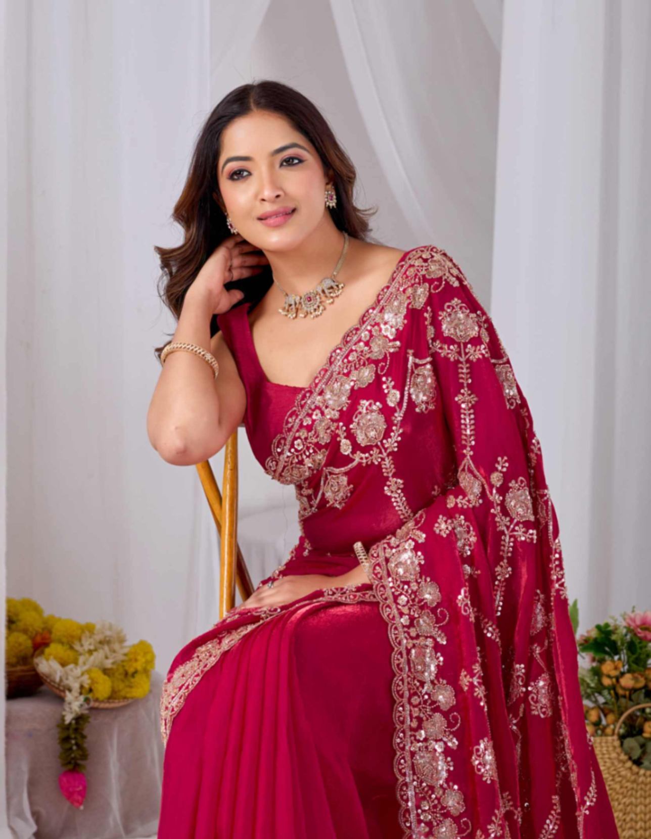 Red Beads work Embroidery Designer Saree Rose Red Beads work Embroidery Designer Saree + The Rose Red Beads Work Embroidery Designer Saree brings hand-applied bead embroidery to a rose red base, and it's built for anyone comparing options for a saree rose rather than something purely decorative. The colour reads true in both daylight and indoor event lighting, which matters more than it sounds &mdash; a lot of sarees photograph differently under venue lighting than they do in a product shot, and this one has been chosen to hold its tone consistently. &bull; Craftsmanship