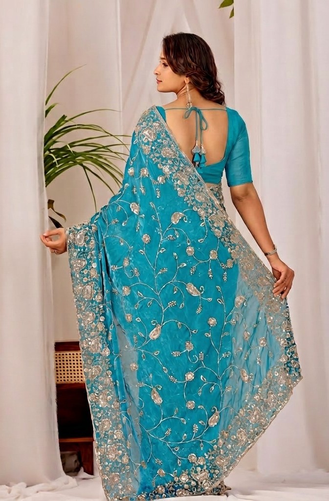 Sky Blue Regal Teal Floral Heritage Saree Sky Blue Regal Teal Floral Heritage Saree + The Sky Blue Regal Floral Heritage Saree brings traditional floral motif weaving to a sky blue base, and it's built for anyone comparing options for a sky sarees rather than something purely decorative. The colour reads true in both daylight and indoor event lighting, which matters more than it sounds &mdash; a lot of sarees photograph differently under venue lighting than they do in a product shot, and this one has been chosen to hold its tone consistently. &bull; Craftsmanship