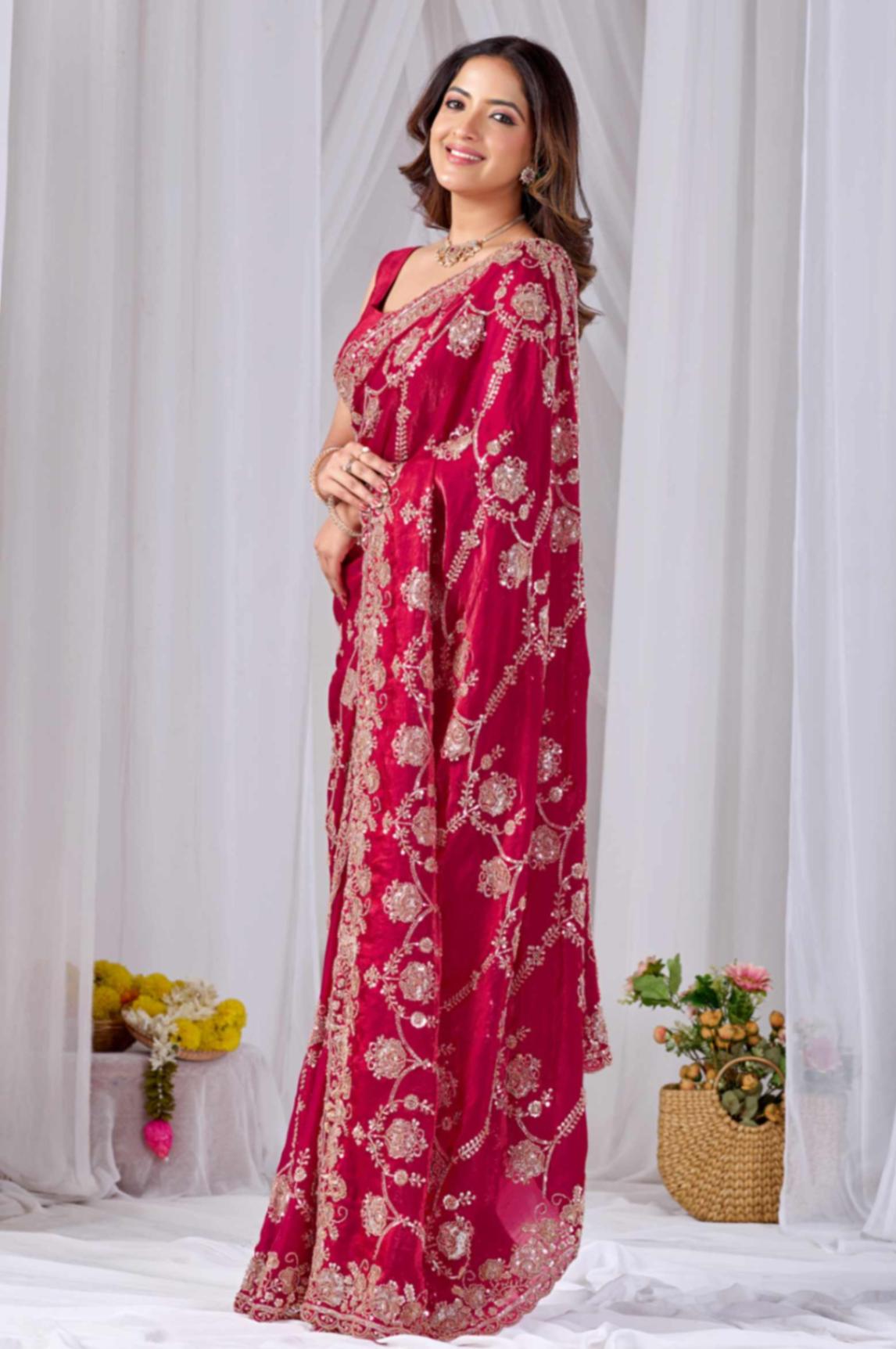 Red Beads work Embroidery Designer Saree Rose Red Beads work Embroidery Designer Saree + The Rose Red Beads Work Embroidery Designer Saree brings hand-applied bead embroidery to a rose red base, and it's built for anyone comparing options for a saree rose rather than something purely decorative. The colour reads true in both daylight and indoor event lighting, which matters more than it sounds &mdash; a lot of sarees photograph differently under venue lighting than they do in a product shot, and this one has been chosen to hold its tone consistently. &bull; Craftsmanship