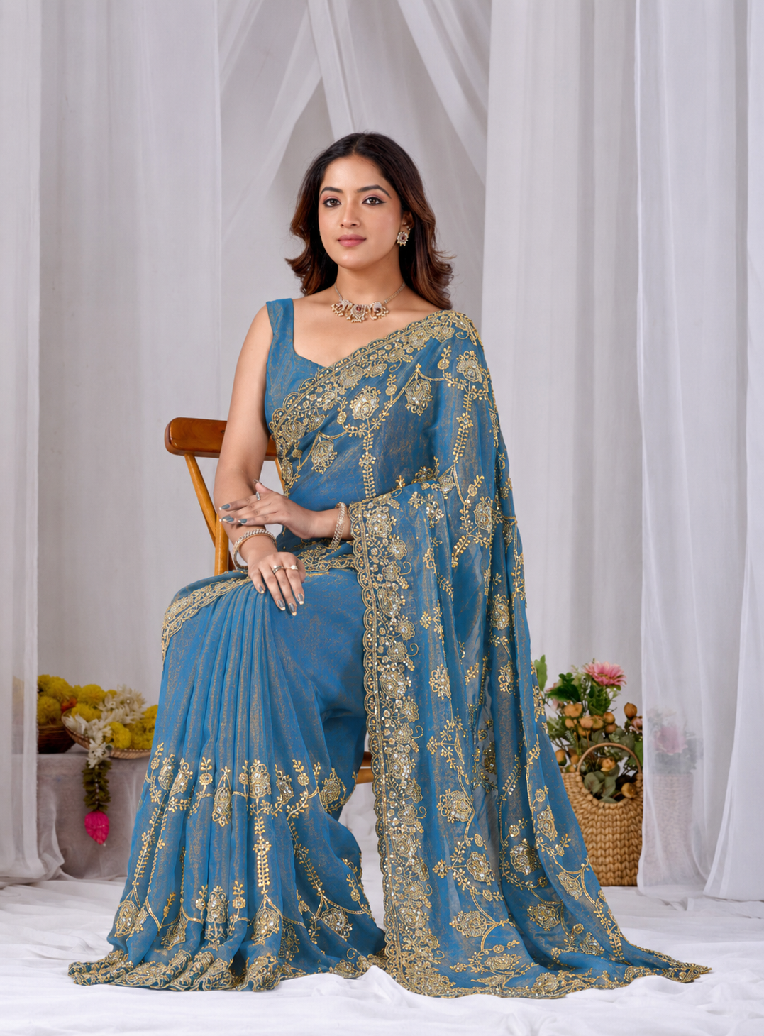 Azure Blue Beads work Embroidery Designer Saree Azure Blue Beads work Embroidery Designer Saree + The Azure Blue Beads Work Embroidery Designer Saree brings hand-applied bead embroidery to a azure blue base, and it's built for anyone comparing options for an azure blue saree rather than something purely decorative. The colour reads true in both daylight and indoor event lighting, which matters more than it sounds &mdash; a lot of sarees photograph differently under venue lighting than they do in a product shot, and this one has been chosen to hold its tone consistently. &bull; Craftsmanship