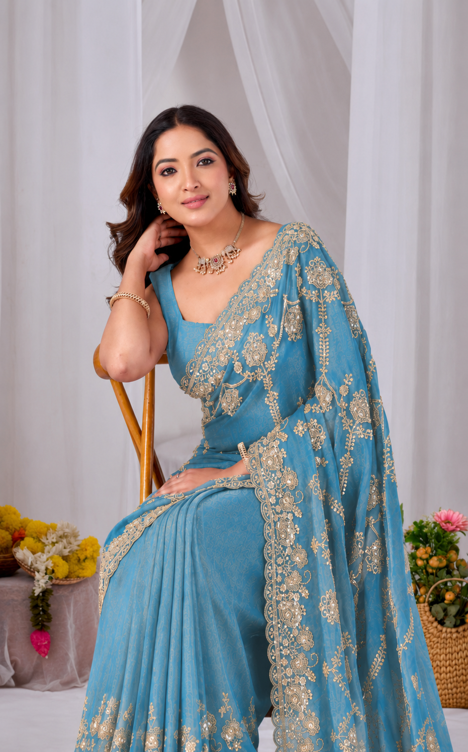 Beads work Embroidery Designer Saree- Teal Blue Beads work Embroidery Designer Saree-Golden + Teal Blue
