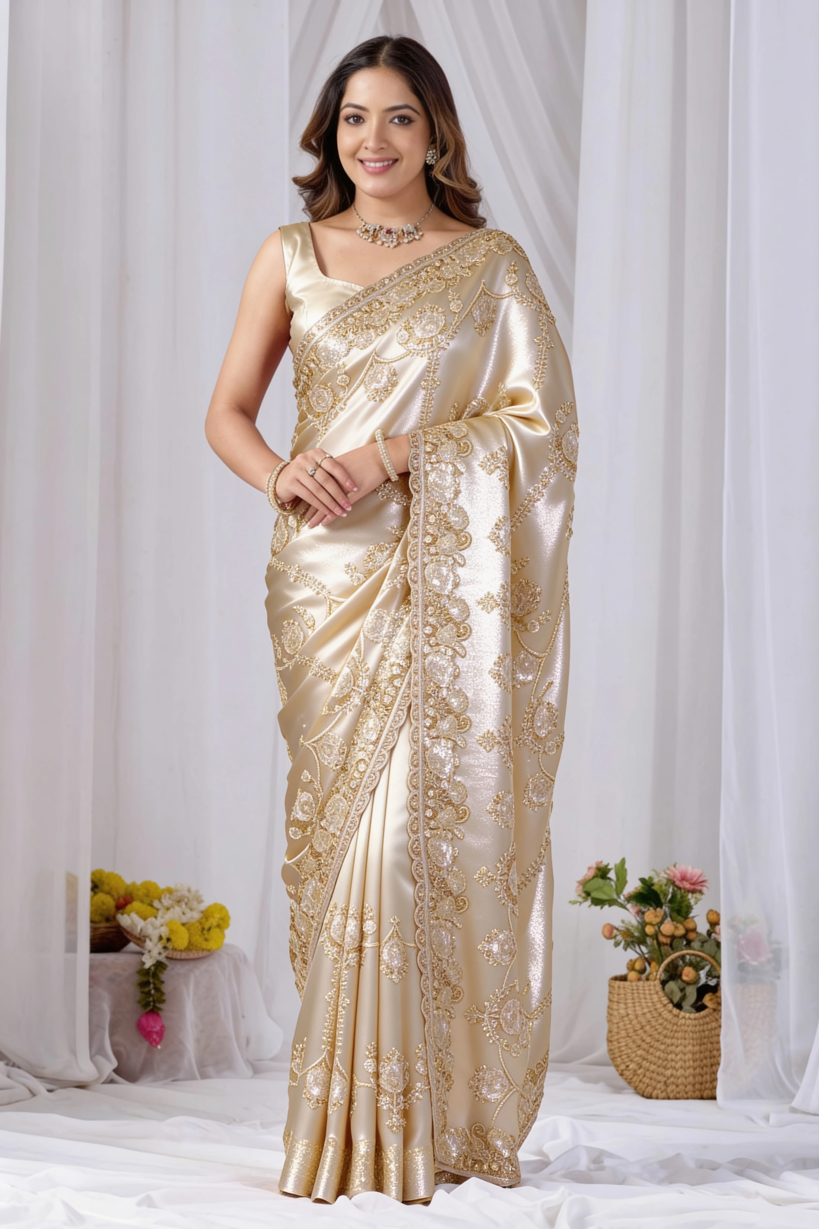Beads work Embroidery Designer Saree-Gold