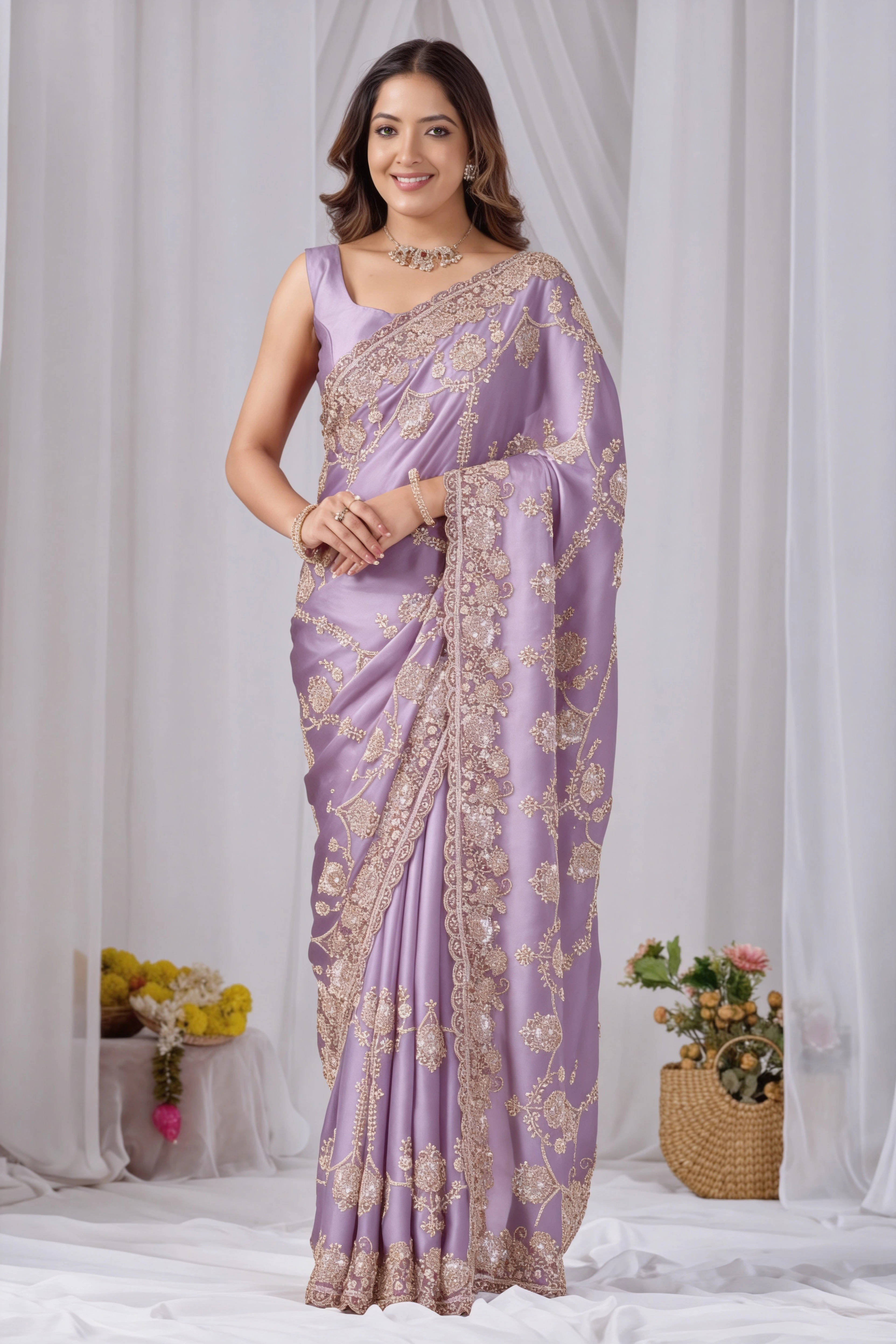 Beads work Embroidery Designer Saree-Purple