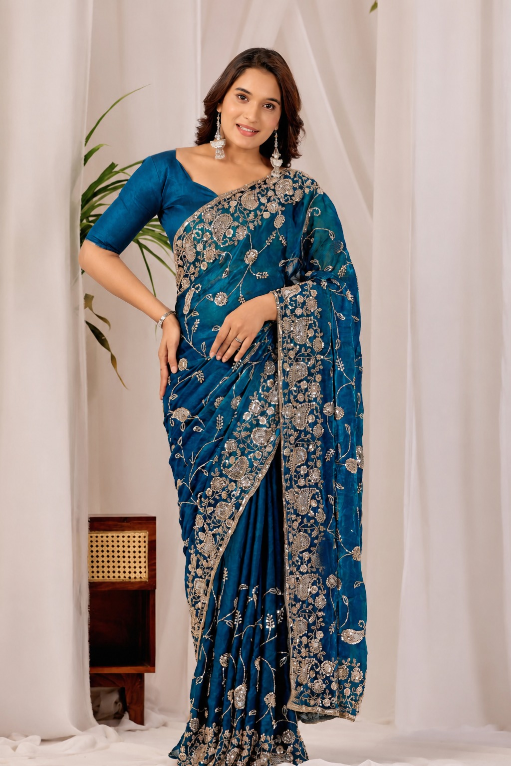 Blue Regal Floral Heritage Saree Blue Regal Floral Heritage Saree + The Blue Regal Floral Heritage Saree brings traditional floral motif weaving to a blue base, and it's built for anyone comparing options for a blue saree rather than something purely decorative. The colour reads true in both daylight and indoor event lighting, which matters more than it sounds &mdash; a lot of sarees photograph differently under venue lighting than they do in a product shot, and this one has been chosen to hold its tone consistently. &bull; Craftsmanship