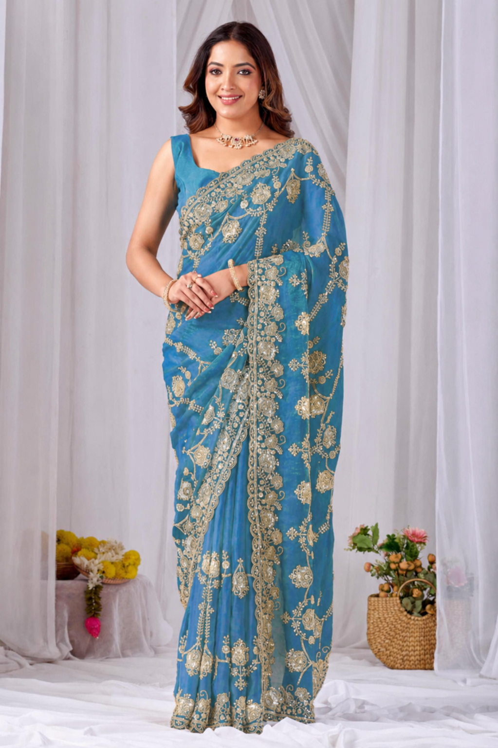 Beads work Embroidery Designer Saree-Teal Blue