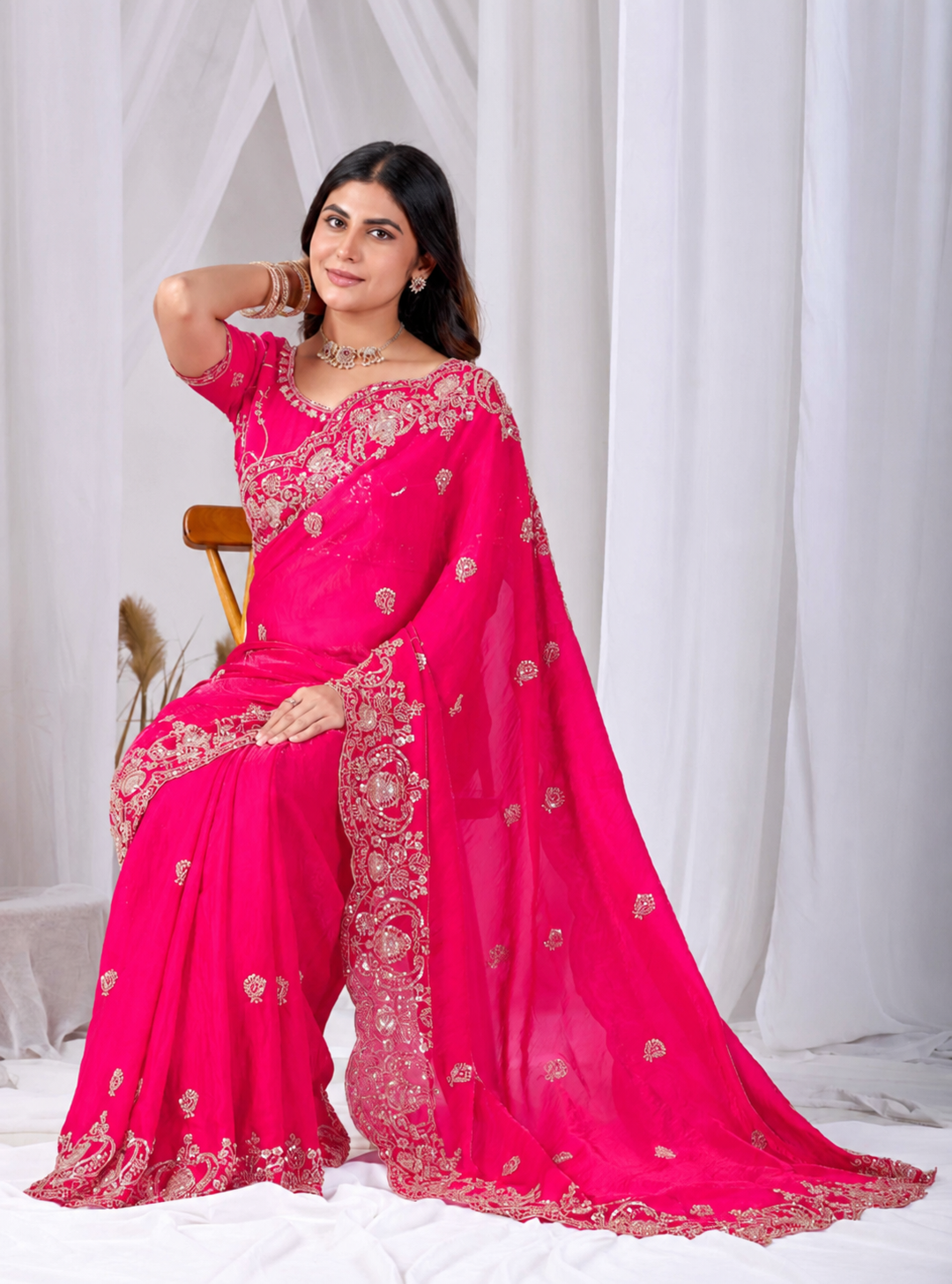 Dark Pink Tikki Moti Work Embroidered Designer Saree Dark Pink Tikki Moti Work Embroidered Designer Saree + The Dark Pink Tikki Moti Work Embroidered Designer Saree brings tikki (metallic sequin) and moti (pearl-bead) hand embroidery to a dark pink base, and it's built for anyone comparing options for a dark pink saree rather than something purely decorative. The colour reads true in both daylight and indoor event lighting, which matters more than it sounds &mdash; a lot of sarees photograph differently under venue lighting than they do in a product shot, and this one has been chosen to hold its tone consistently. &bull; Craftsmanship