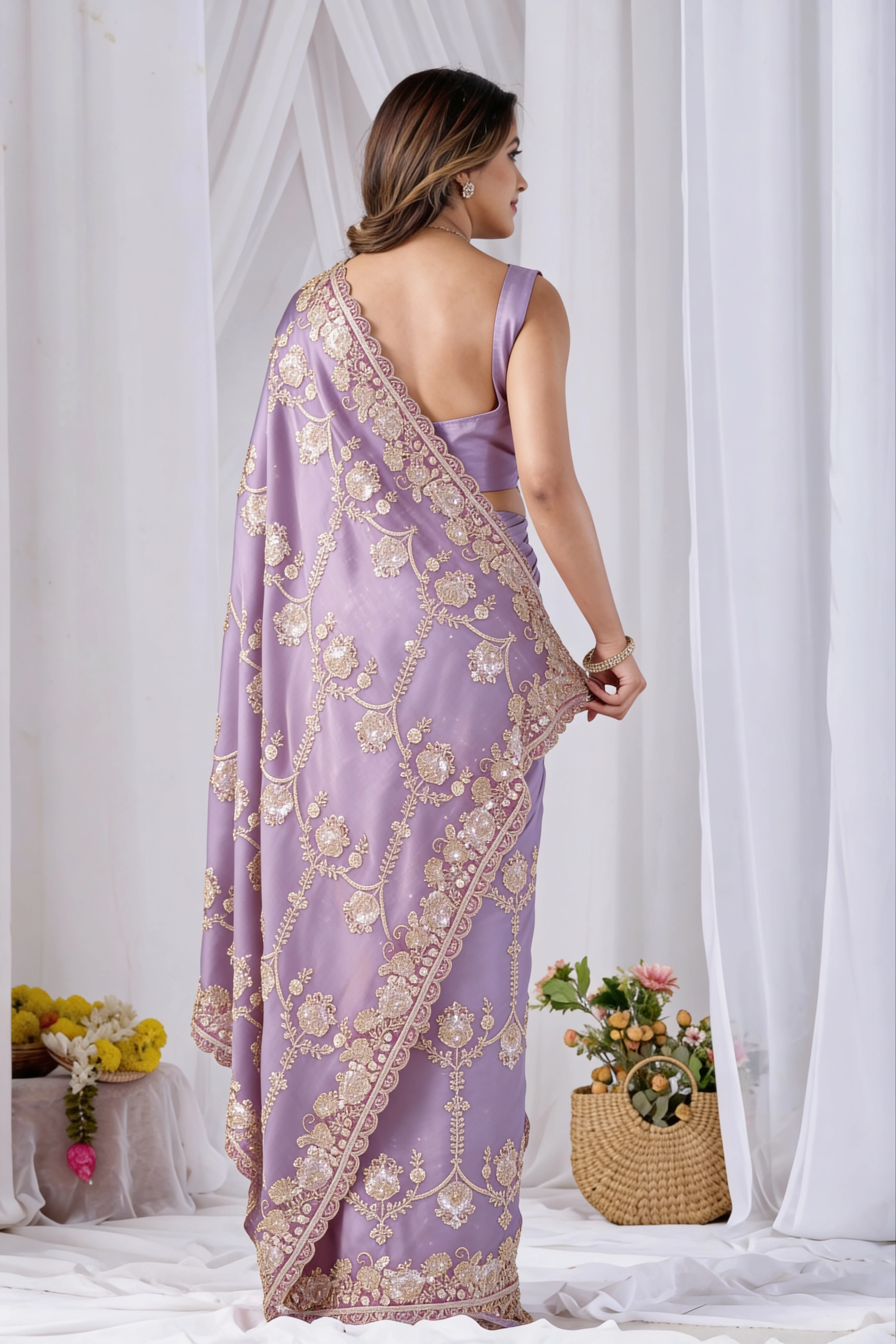 Beads work Embroidery Designer Saree-Pink Beads work Embroidery Designer Saree-Purple + Pink