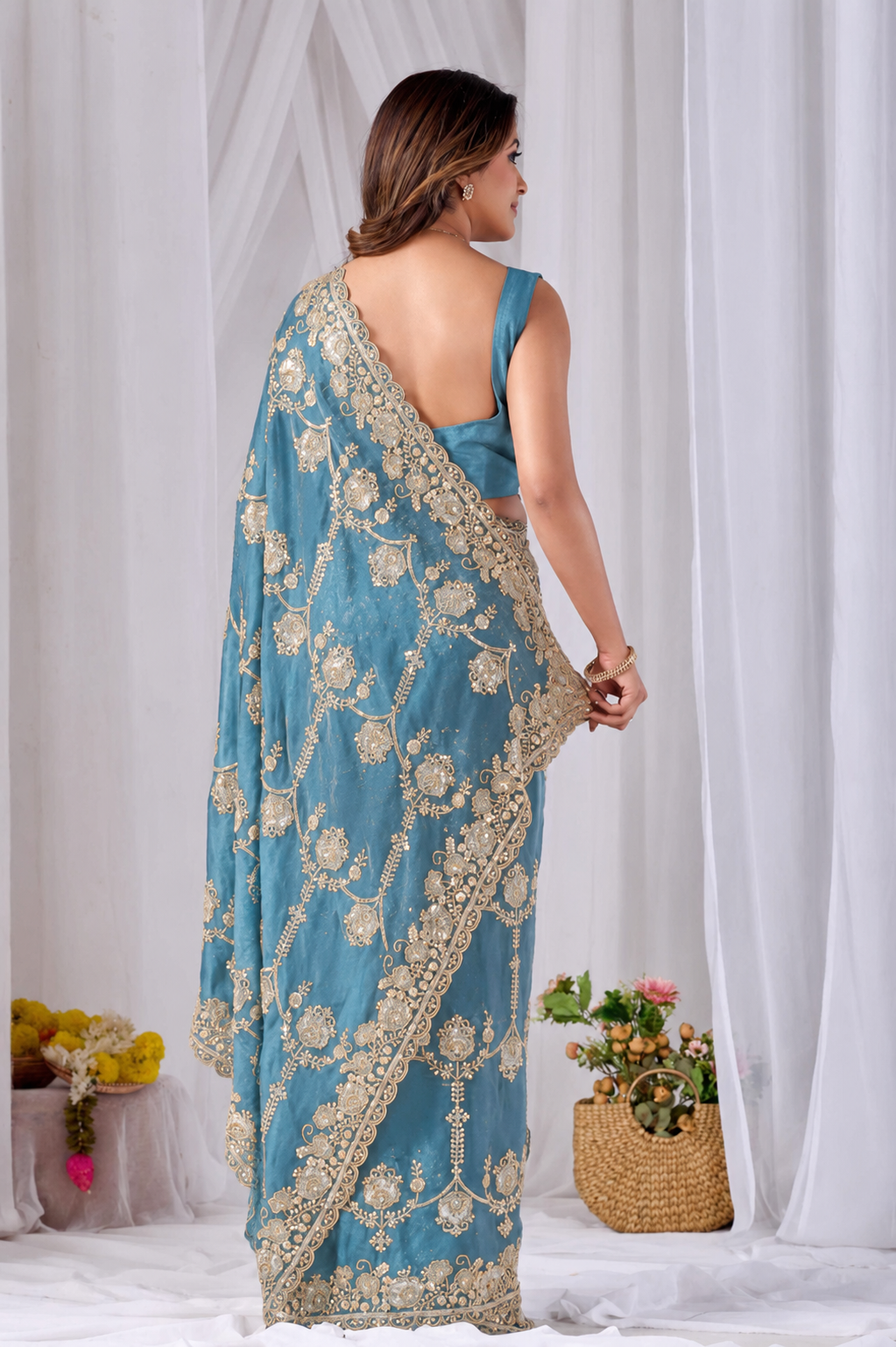 Beads work Embroidery Designer Saree- Teal Blue Beads work Embroidery Designer Saree-Golden + Teal Blue