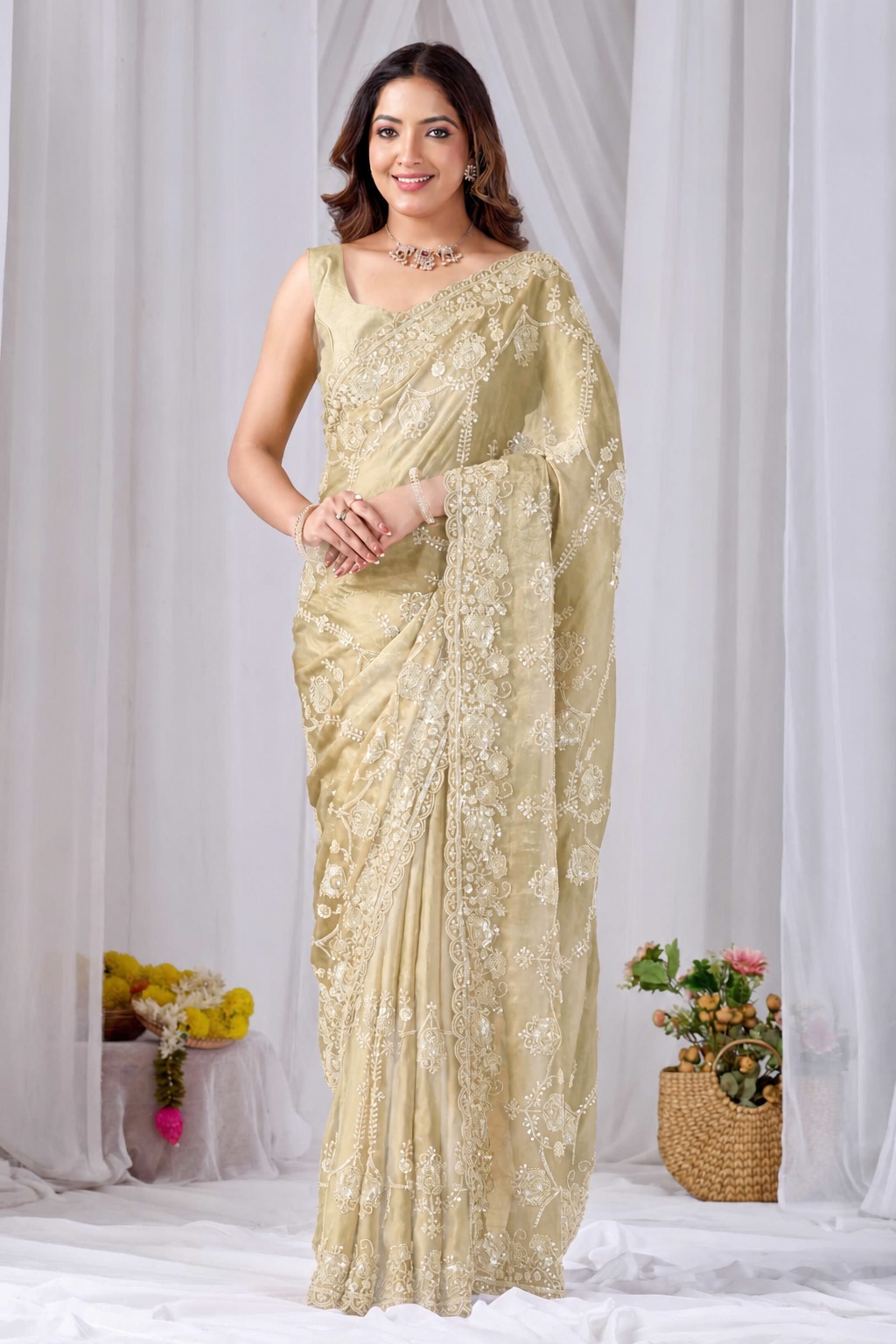 Beads work Embroidery Designer Saree- Teal Blue Beads work Embroidery Designer Saree-Golden + Teal Blue