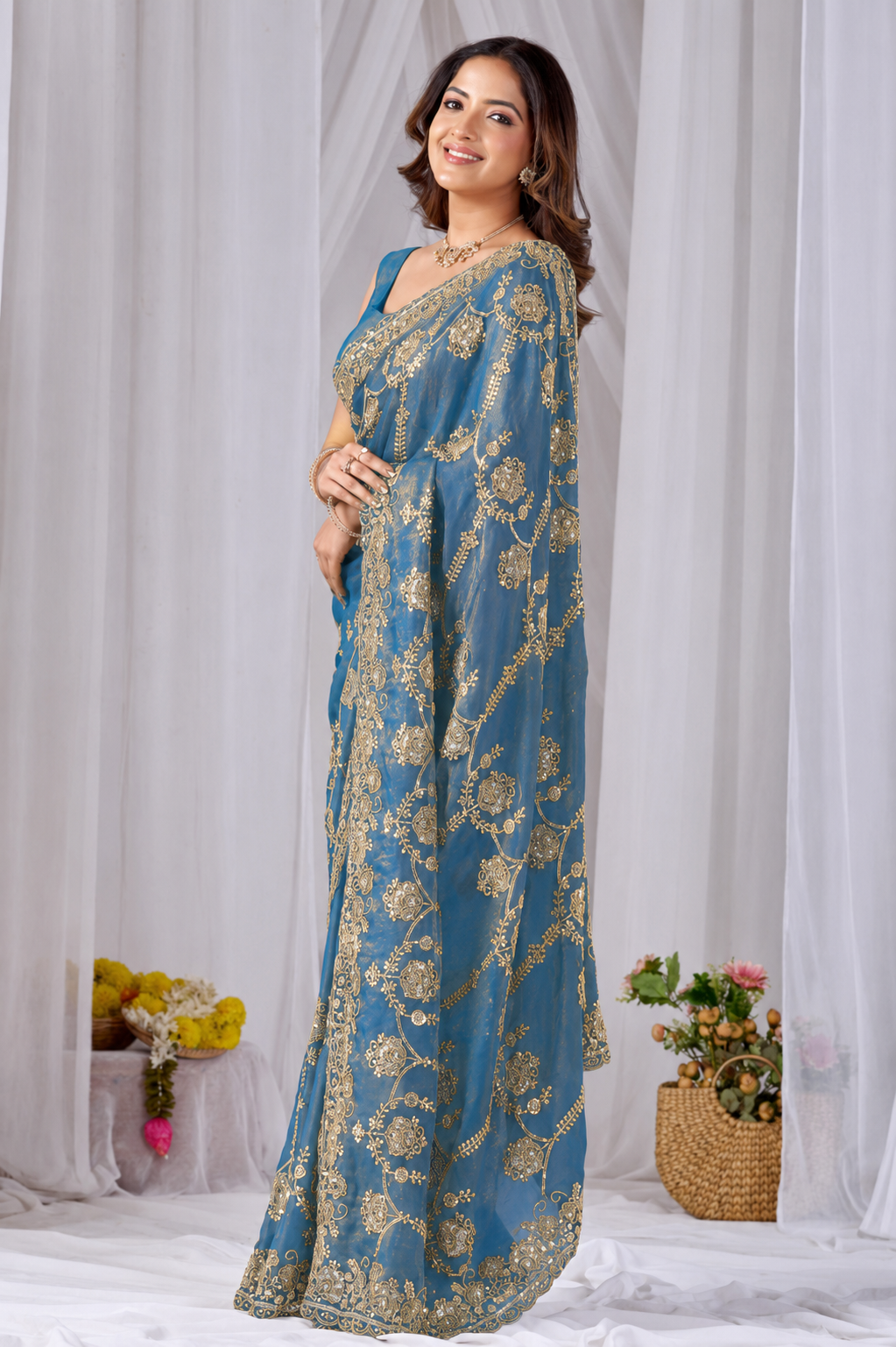 Azure Blue Beads work Embroidery Designer Saree Azure Blue Beads work Embroidery Designer Saree + The Azure Blue Beads Work Embroidery Designer Saree brings hand-applied bead embroidery to a azure blue base, and it's built for anyone comparing options for an azure blue saree rather than something purely decorative. The colour reads true in both daylight and indoor event lighting, which matters more than it sounds &mdash; a lot of sarees photograph differently under venue lighting than they do in a product shot, and this one has been chosen to hold its tone consistently. &bull; Craftsmanship