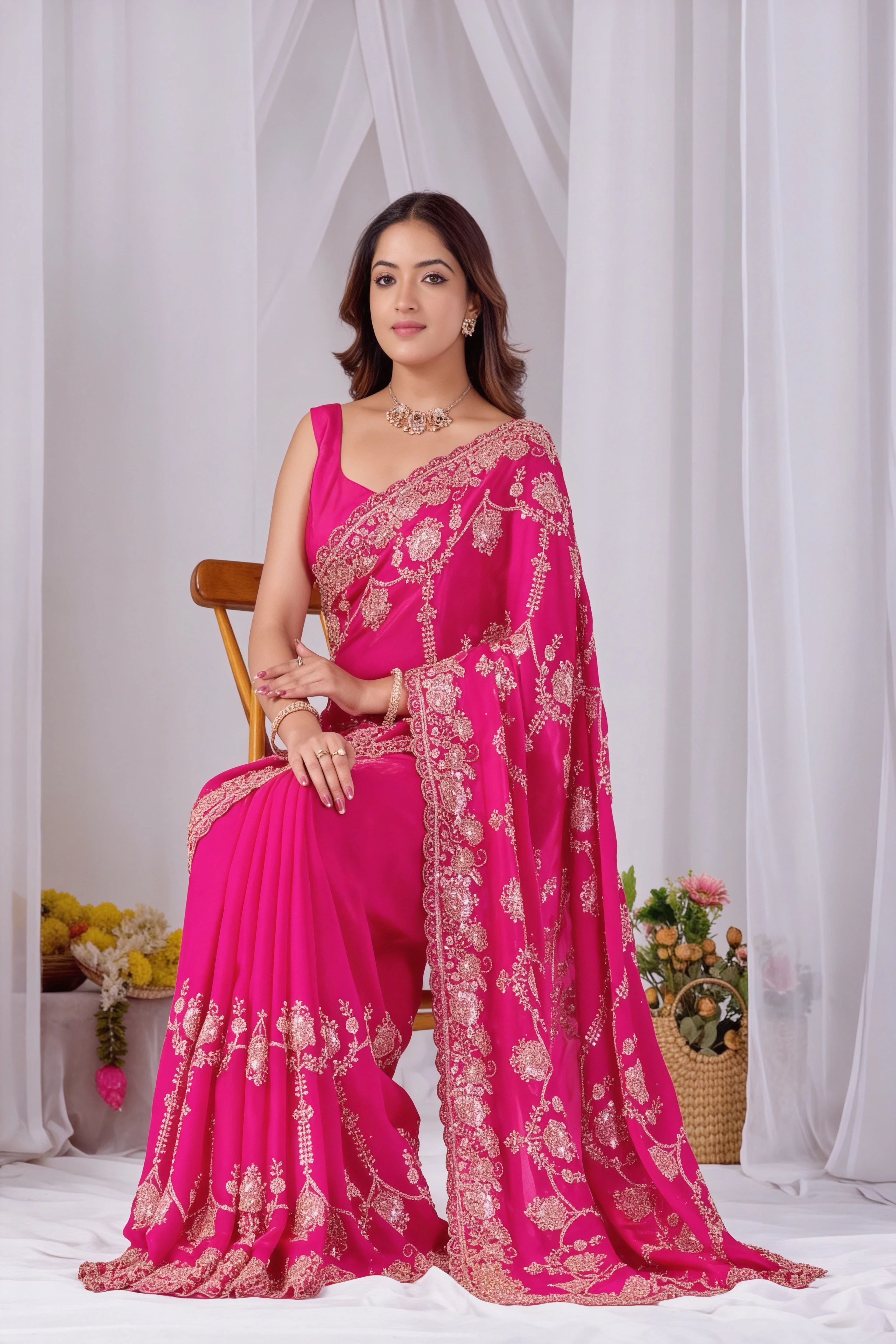 Dark Pink Beads work Embroidery Designer Saree Dark Pink Beads work Embroidery Designer Saree + The Dark Pink Beads Work Embroidery Designer Saree brings hand-applied bead embroidery to a dark pink base, and it's built for anyone comparing options for a dark pink saree rather than something purely decorative. The colour reads true in both daylight and indoor event lighting, which matters more than it sounds &mdash; a lot of sarees photograph differently under venue lighting than they do in a product shot, and this one has been chosen to hold its tone consistently. &bull; Craftsmanship