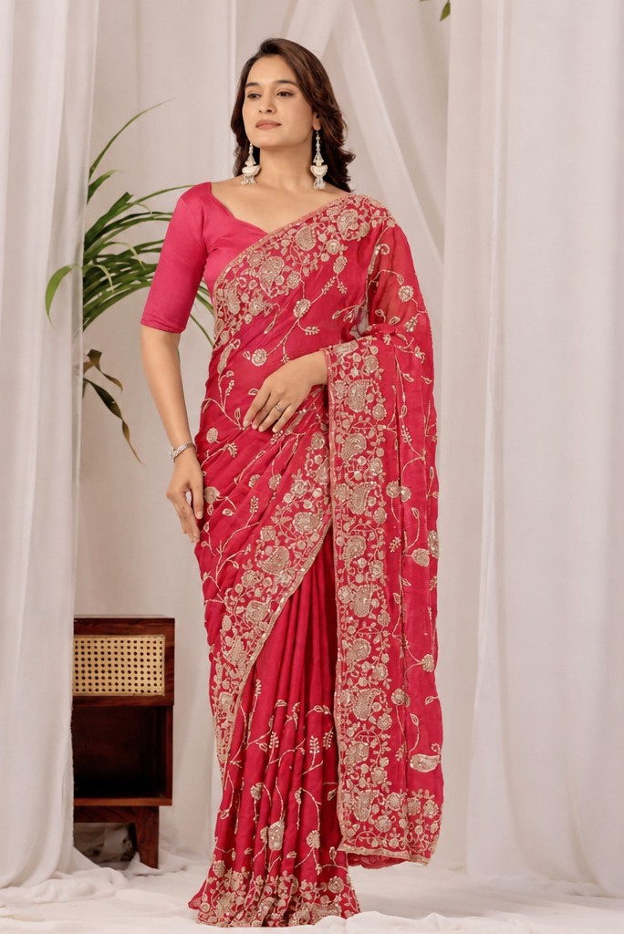 Red Regal Floral Heritage Saree Red Regal Floral Heritage Saree + The Red Regal Floral Heritage Saree brings traditional floral motif weaving to a red base, and it's built for anyone comparing options for a red saree rather than something purely decorative. The colour reads true in both daylight and indoor event lighting, which matters more than it sounds &mdash; a lot of sarees photograph differently under venue lighting than they do in a product shot, and this one has been chosen to hold its tone consistently. &bull; Craftsmanship