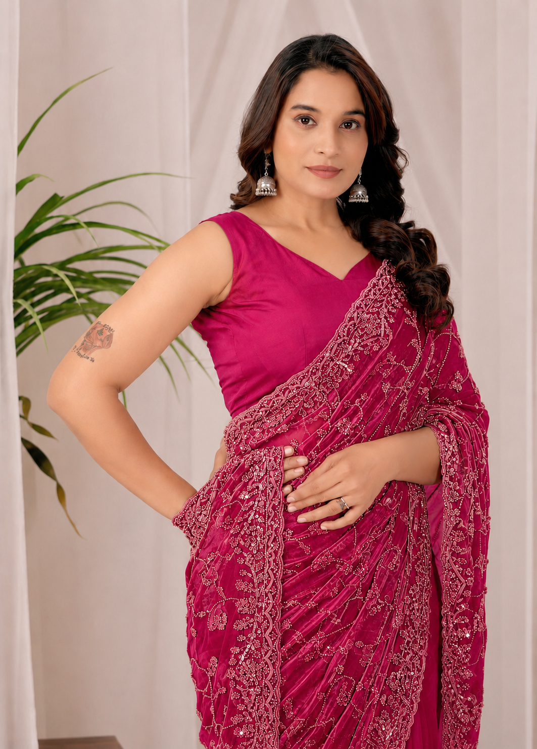 The Rose Red Onyx Sequin Heritage Saree The Dark Pink Onyx Sequin Heritage Saree + The Dark Pink Onyx Sequin Heritage Saree brings dense sequin embroidery to a dark pink base, and it's built for anyone comparing options for a dark pink saree rather than something purely decorative. The colour reads true in both daylight and indoor event lighting, which matters more than it sounds &mdash; a lot of sarees photograph differently under venue lighting than they do in a product shot, and this one has been chosen to hold its tone consistently. &bull; Craftsmanship