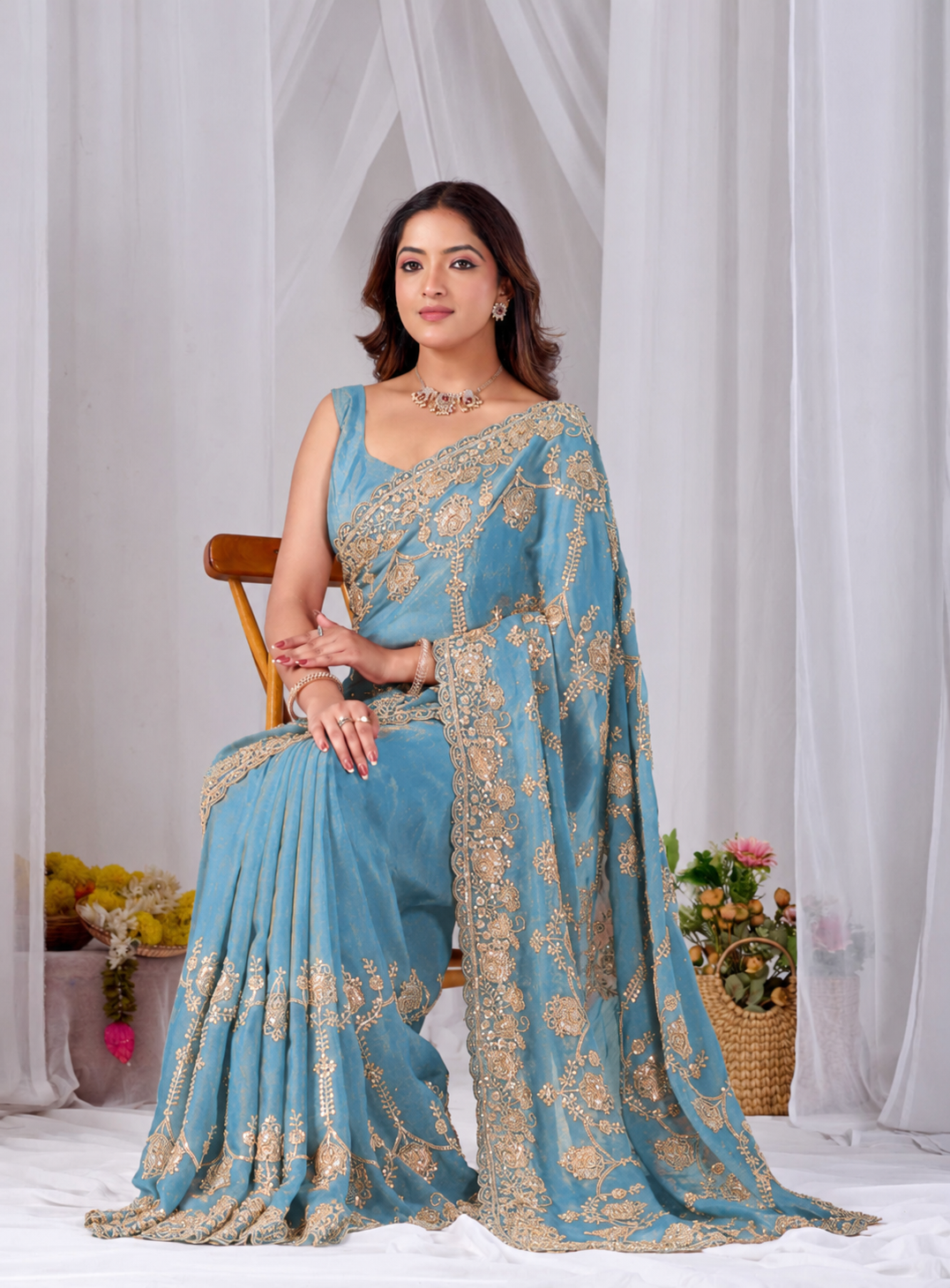 Beads work Embroidery Designer Saree- Teal Blue Beads work Embroidery Designer Saree-Golden + Teal Blue