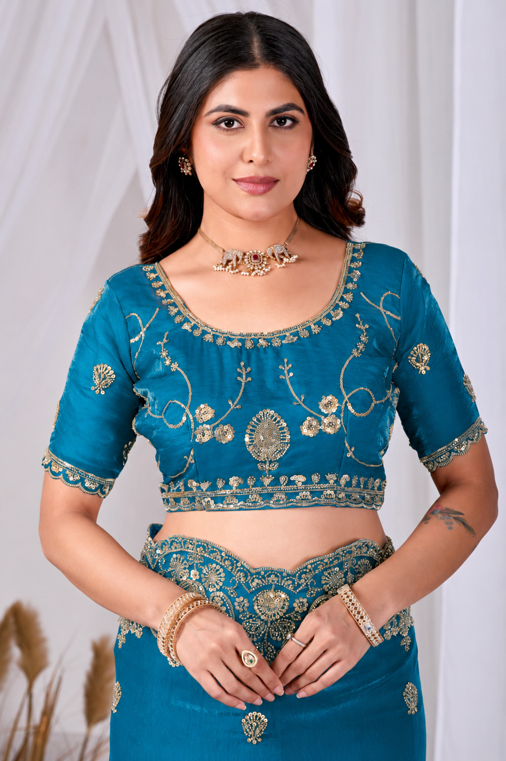 Sky Blue Tikki Moti Work Embroidered Designer Saree Sky Blue Tikki Moti Work Embroidered Designer Saree + The Sky Blue Tikki Moti Work Embroidered Designer Saree brings tikki (metallic sequin) and moti (pearl-bead) hand embroidery to a sky blue base, and it's built for anyone comparing options for a sky sarees rather than something purely decorative. The colour reads true in both daylight and indoor event lighting, which matters more than it sounds &mdash; a lot of sarees photograph differently under venue lighting than they do in a product shot, and this one has been chosen to hold its tone consistently. &bull; Craftsmanship