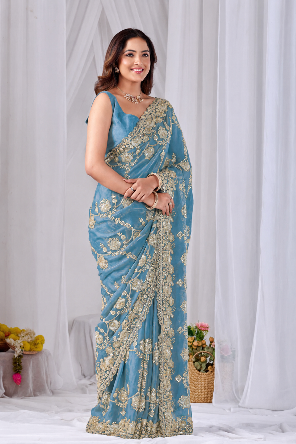 Beads work Embroidery Designer Saree- Teal Blue Beads work Embroidery Designer Saree-Golden + Teal Blue