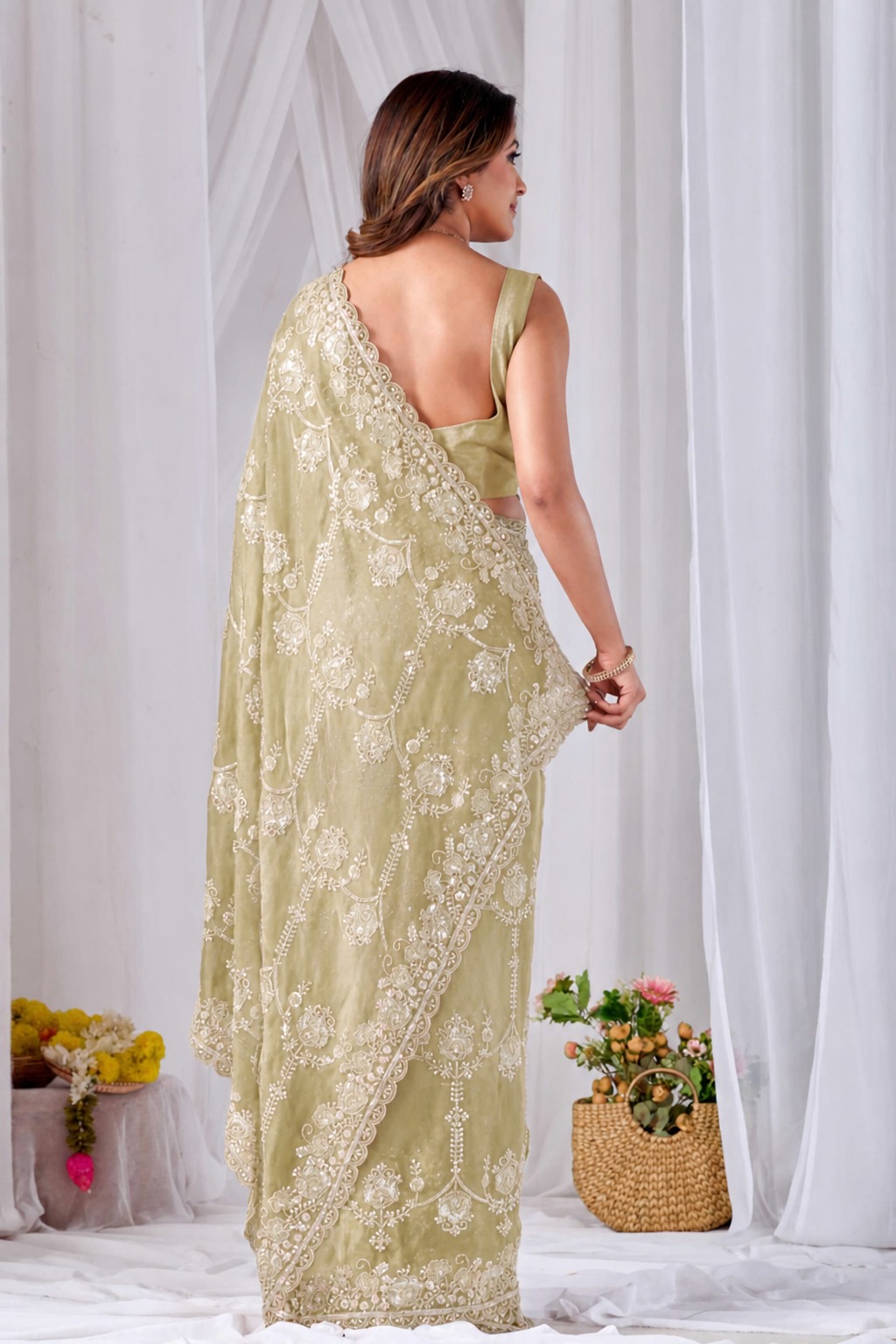 Beads work Embroidery Designer Saree- Teal Blue Beads work Embroidery Designer Saree-Golden + Teal Blue