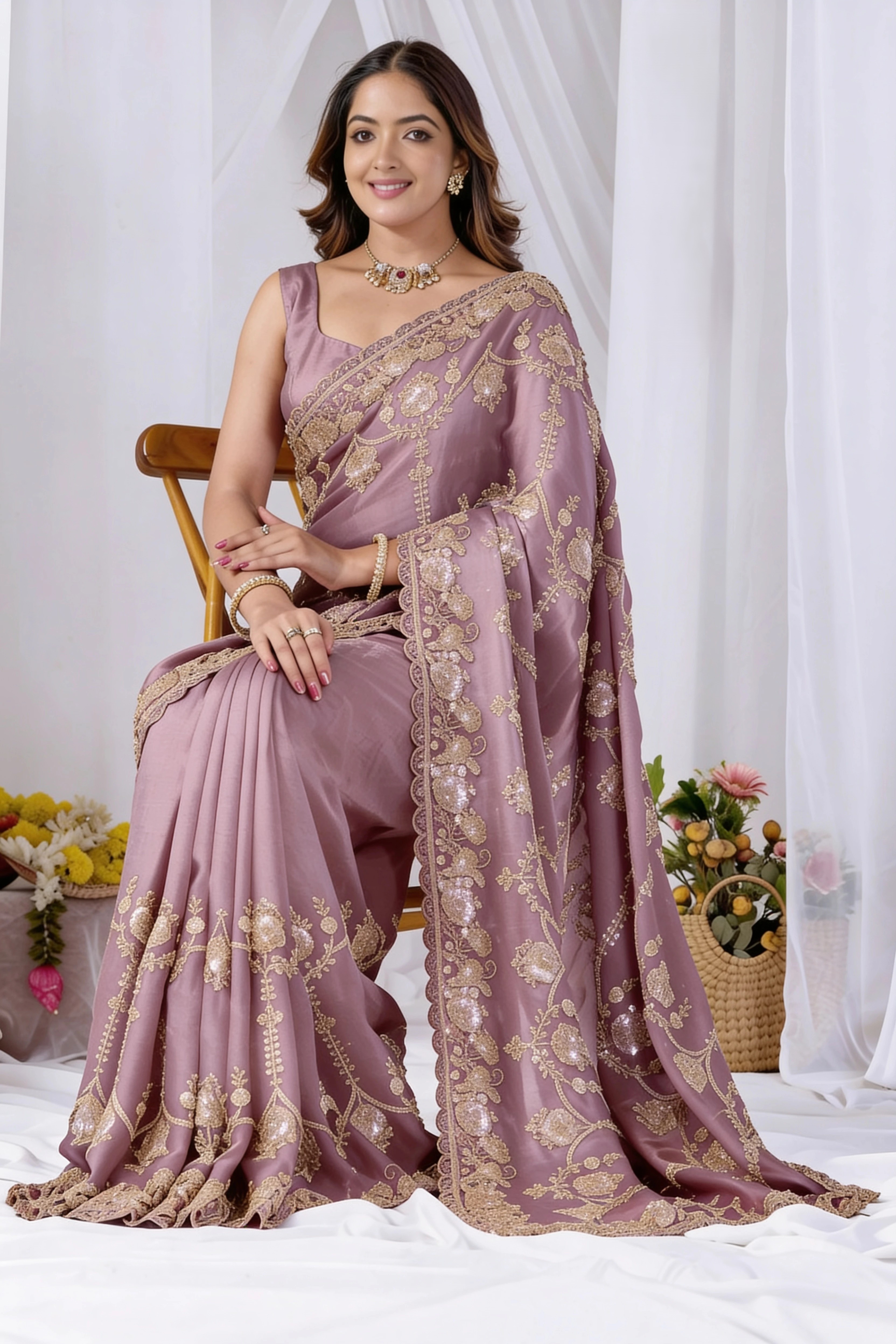 Beads work Embroidery Designer Saree-Pink Beads work Embroidery Designer Saree-Purple + Pink