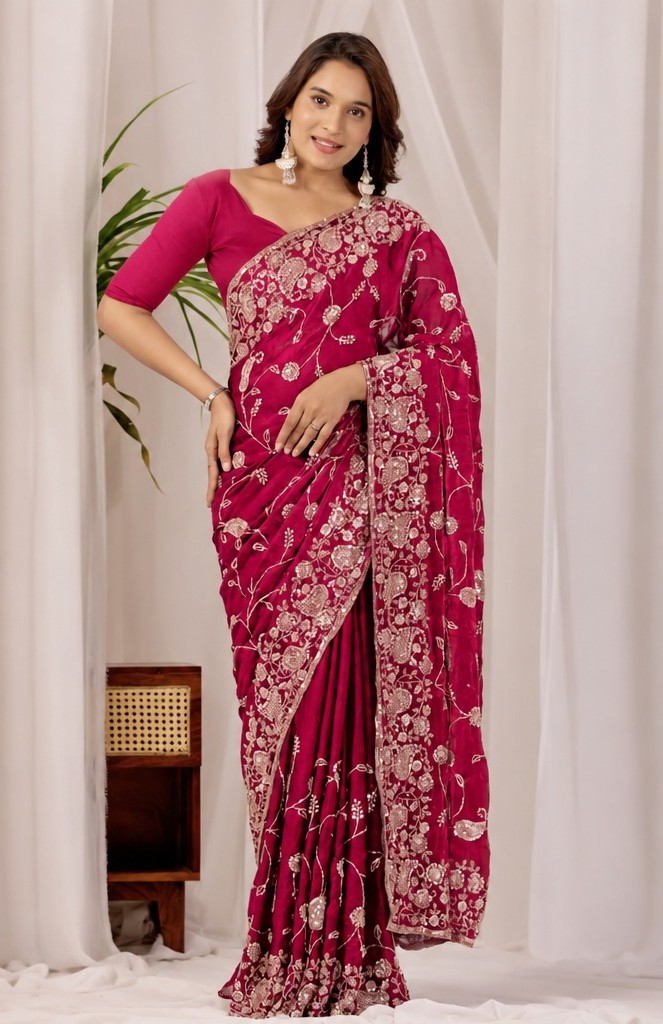 Rose Red Regal Floral Heritage Saree Rose Red Regal Floral Heritage Saree + The Rose Red Regal Floral Heritage Saree brings traditional floral motif weaving to a rose red base, and it's built for anyone comparing options for a saree rose rather than something purely decorative. The colour reads true in both daylight and indoor event lighting, which matters more than it sounds &mdash; a lot of sarees photograph differently under venue lighting than they do in a product shot, and this one has been chosen to hold its tone consistently. &bull; Craftsmanship