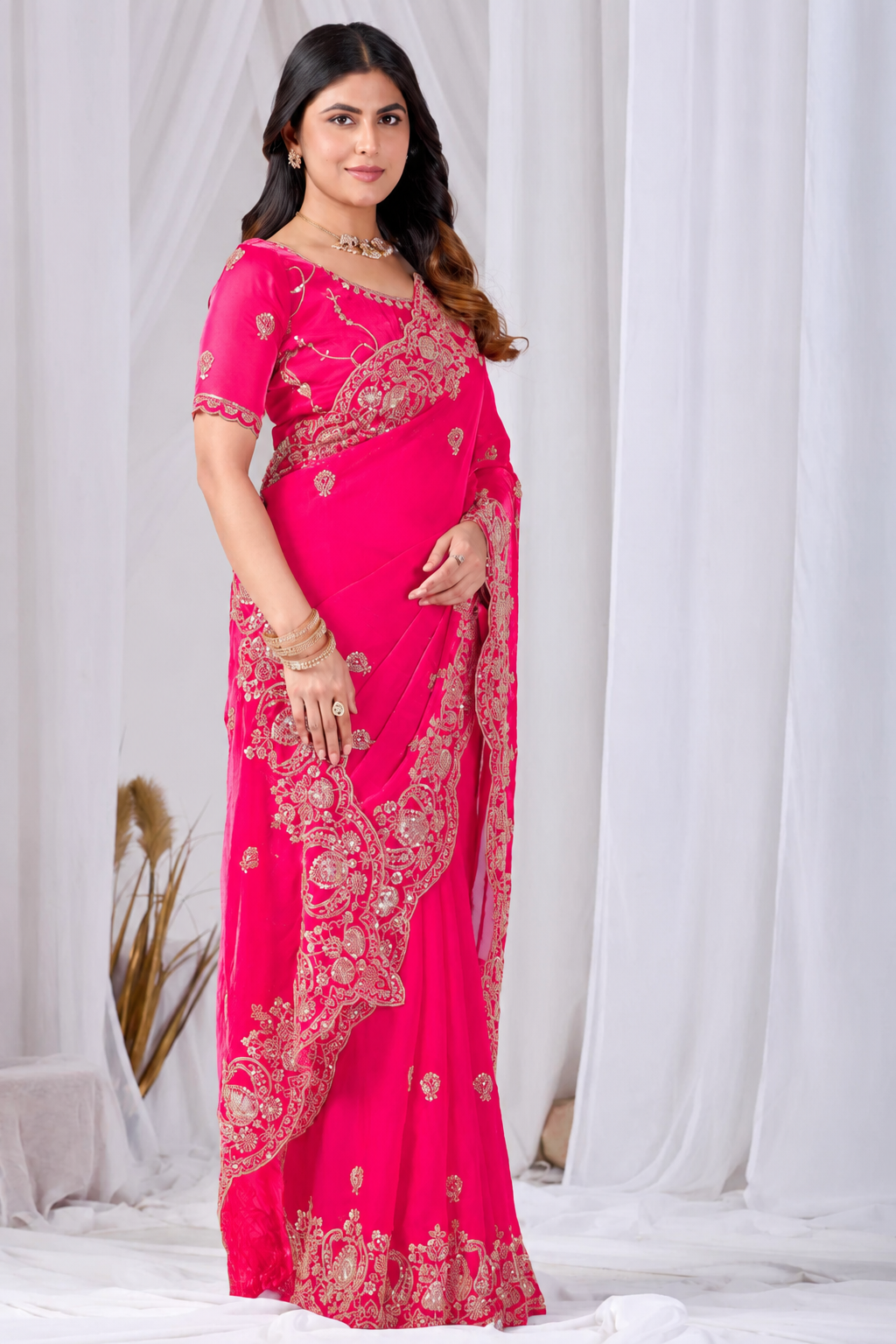 Dark Pink Tikki Moti Work Embroidered Designer Saree Dark Pink Tikki Moti Work Embroidered Designer Saree + The Dark Pink Tikki Moti Work Embroidered Designer Saree brings tikki (metallic sequin) and moti (pearl-bead) hand embroidery to a dark pink base, and it's built for anyone comparing options for a dark pink saree rather than something purely decorative. The colour reads true in both daylight and indoor event lighting, which matters more than it sounds &mdash; a lot of sarees photograph differently under venue lighting than they do in a product shot, and this one has been chosen to hold its tone consistently. &bull; Craftsmanship