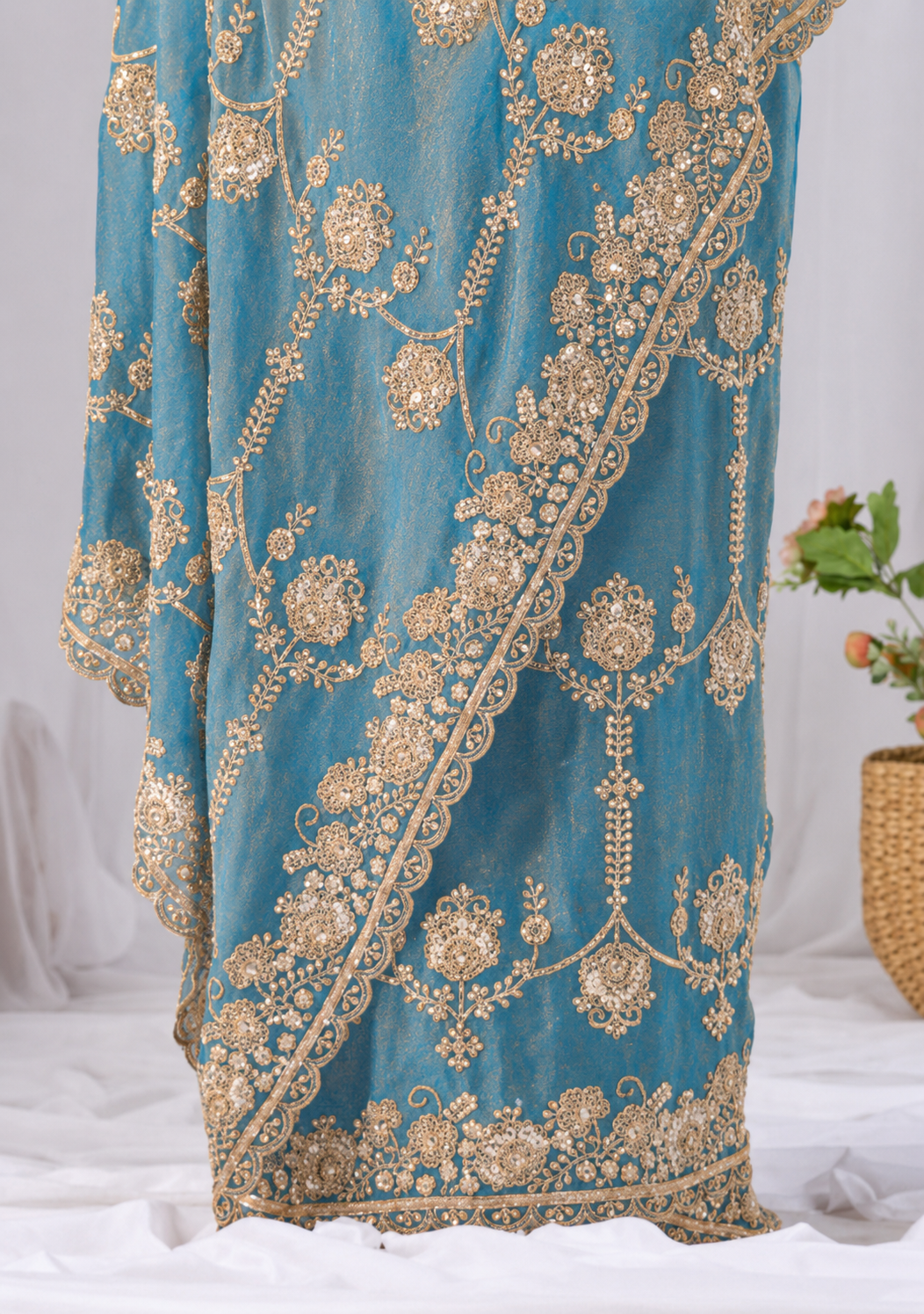 Beads work Embroidery Designer Saree- Teal Blue Beads work Embroidery Designer Saree-Golden + Teal Blue