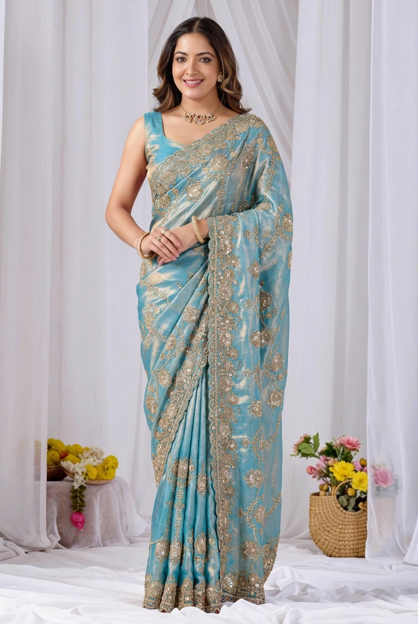 Beads work Embroidery Designer Saree- Teal Blue Beads work Embroidery Designer Saree-Golden + Teal Blue