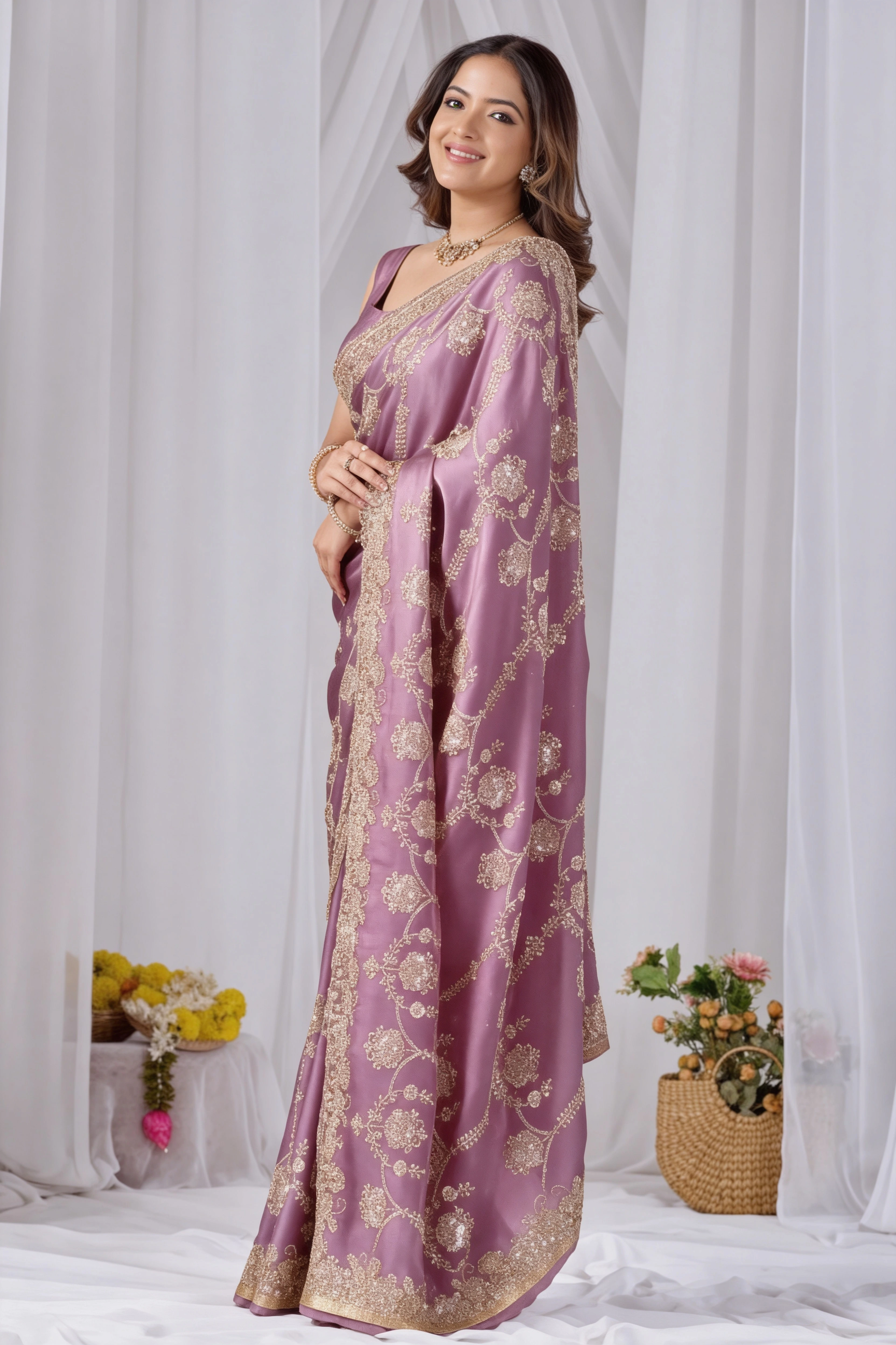 Beads work Embroidery Designer Saree-Pink Beads work Embroidery Designer Saree-Purple + Pink