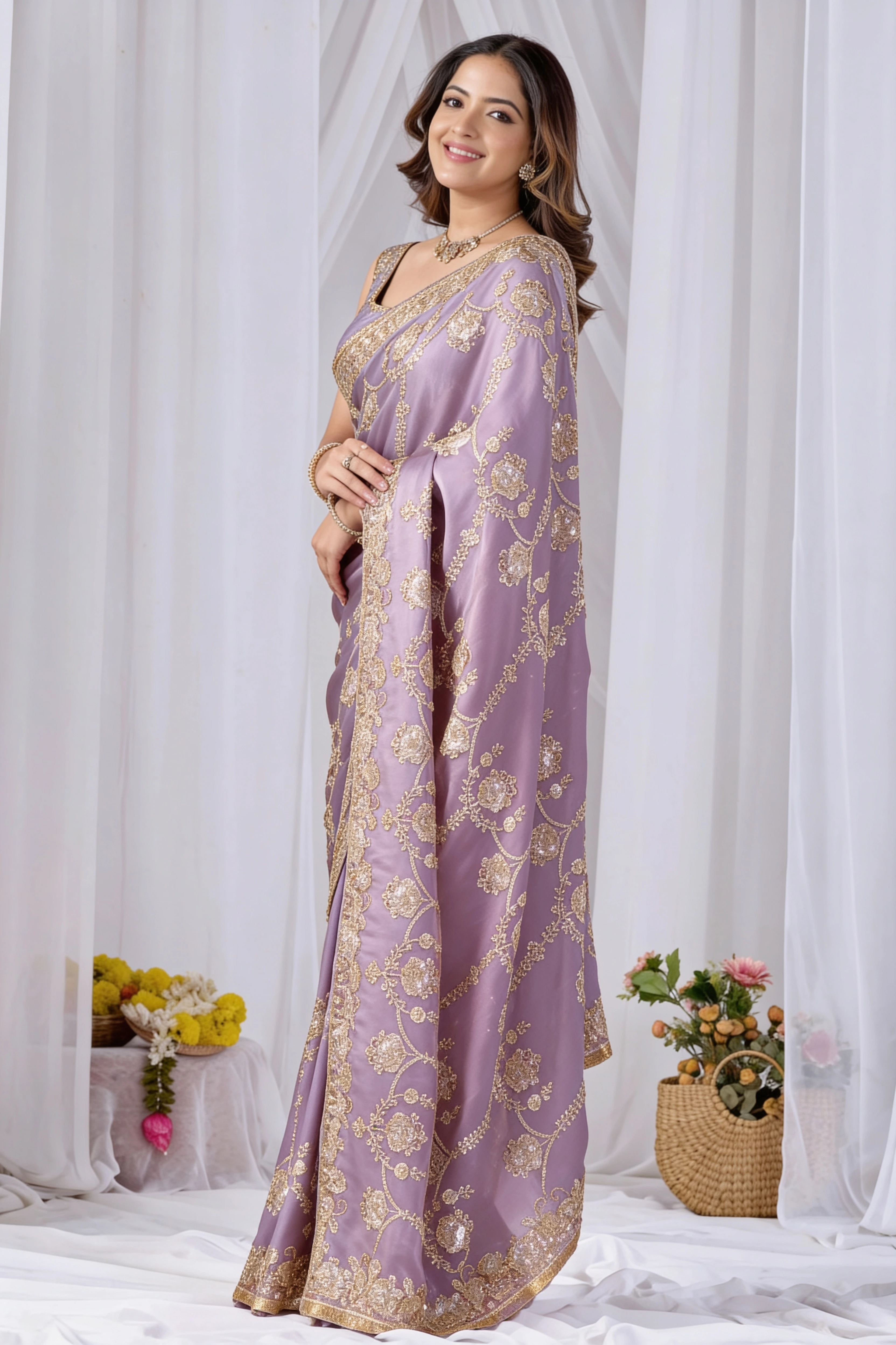 Beads work Embroidery Designer Saree-Pink Beads work Embroidery Designer Saree-Purple + Pink