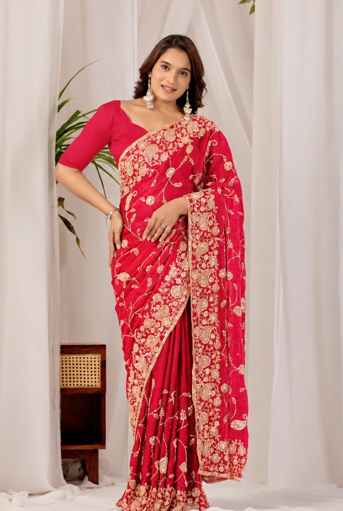 Red Regal Floral Heritage Saree Red Regal Floral Heritage Saree + The Red Regal Floral Heritage Saree brings traditional floral motif weaving to a red base, and it's built for anyone comparing options for a red saree rather than something purely decorative. The colour reads true in both daylight and indoor event lighting, which matters more than it sounds &mdash; a lot of sarees photograph differently under venue lighting than they do in a product shot, and this one has been chosen to hold its tone consistently. &bull; Craftsmanship