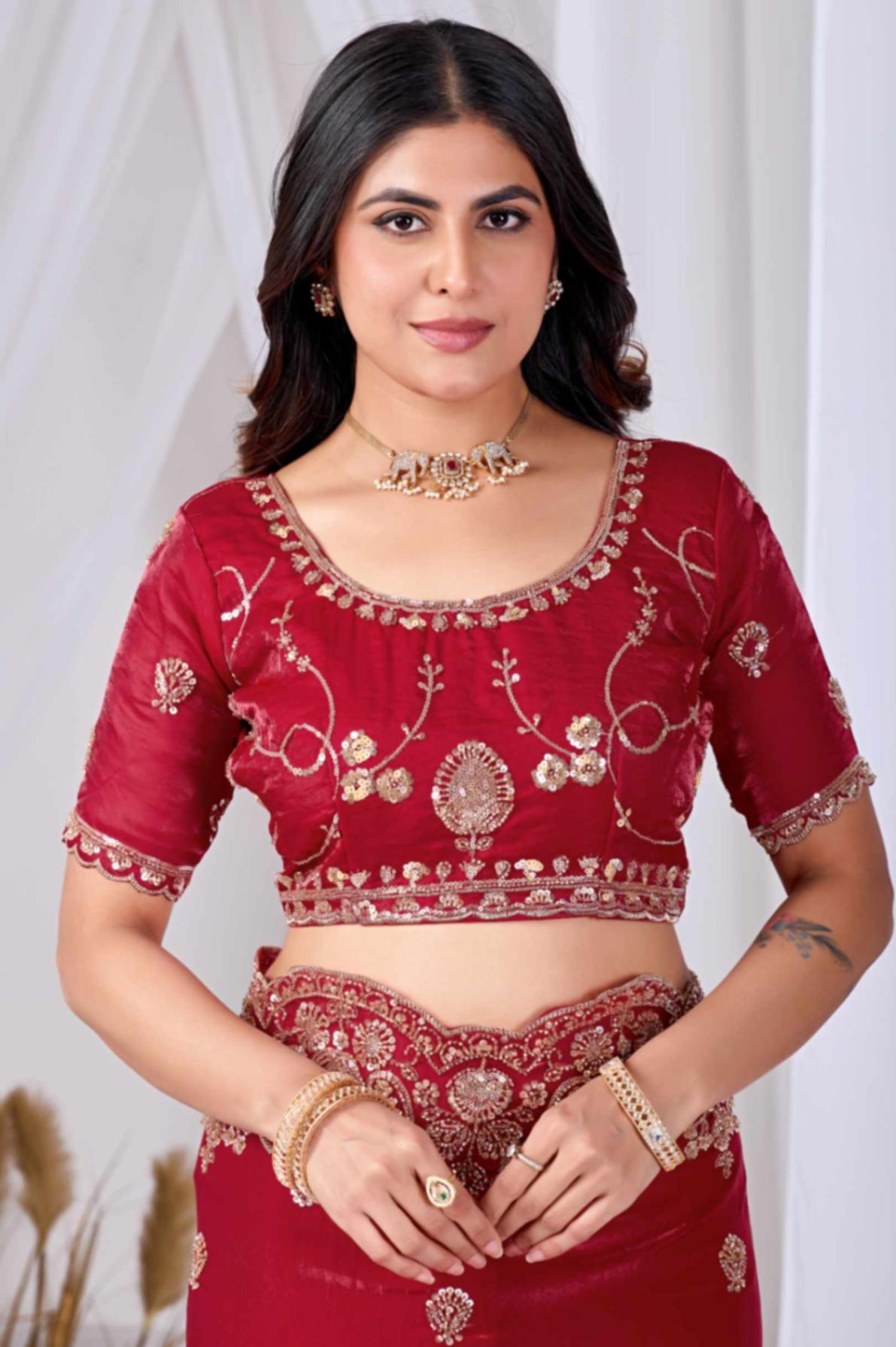 Rose Red Tikki Moti Work Embroidered Designer Saree Rose Red Tikki Moti Work Embroidered Designer Saree + The Rose Red Tikki Moti Work Embroidered Designer Saree brings tikki (metallic sequin) and moti (pearl-bead) hand embroidery to a rose red base, and it's built for anyone comparing options for a saree rose rather than something purely decorative. The colour reads true in both daylight and indoor event lighting, which matters more than it sounds &mdash; a lot of sarees photograph differently under venue lighting than they do in a product shot, and this one has been chosen to hold its tone consistently. &bull; Craftsmanship