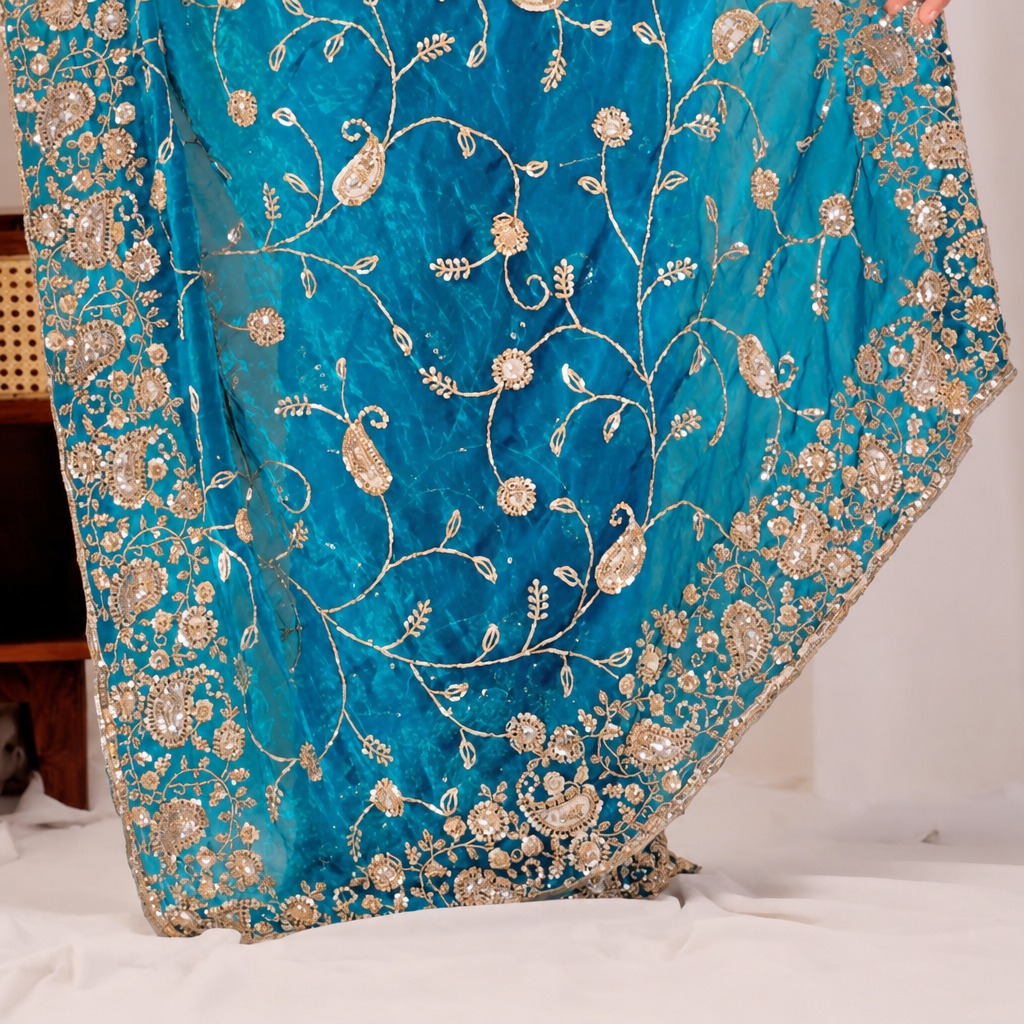 Sky Blue Regal Teal Floral Heritage Saree Sky Blue Regal Teal Floral Heritage Saree + The Sky Blue Regal Floral Heritage Saree brings traditional floral motif weaving to a sky blue base, and it's built for anyone comparing options for a sky sarees rather than something purely decorative. The colour reads true in both daylight and indoor event lighting, which matters more than it sounds &mdash; a lot of sarees photograph differently under venue lighting than they do in a product shot, and this one has been chosen to hold its tone consistently. &bull; Craftsmanship