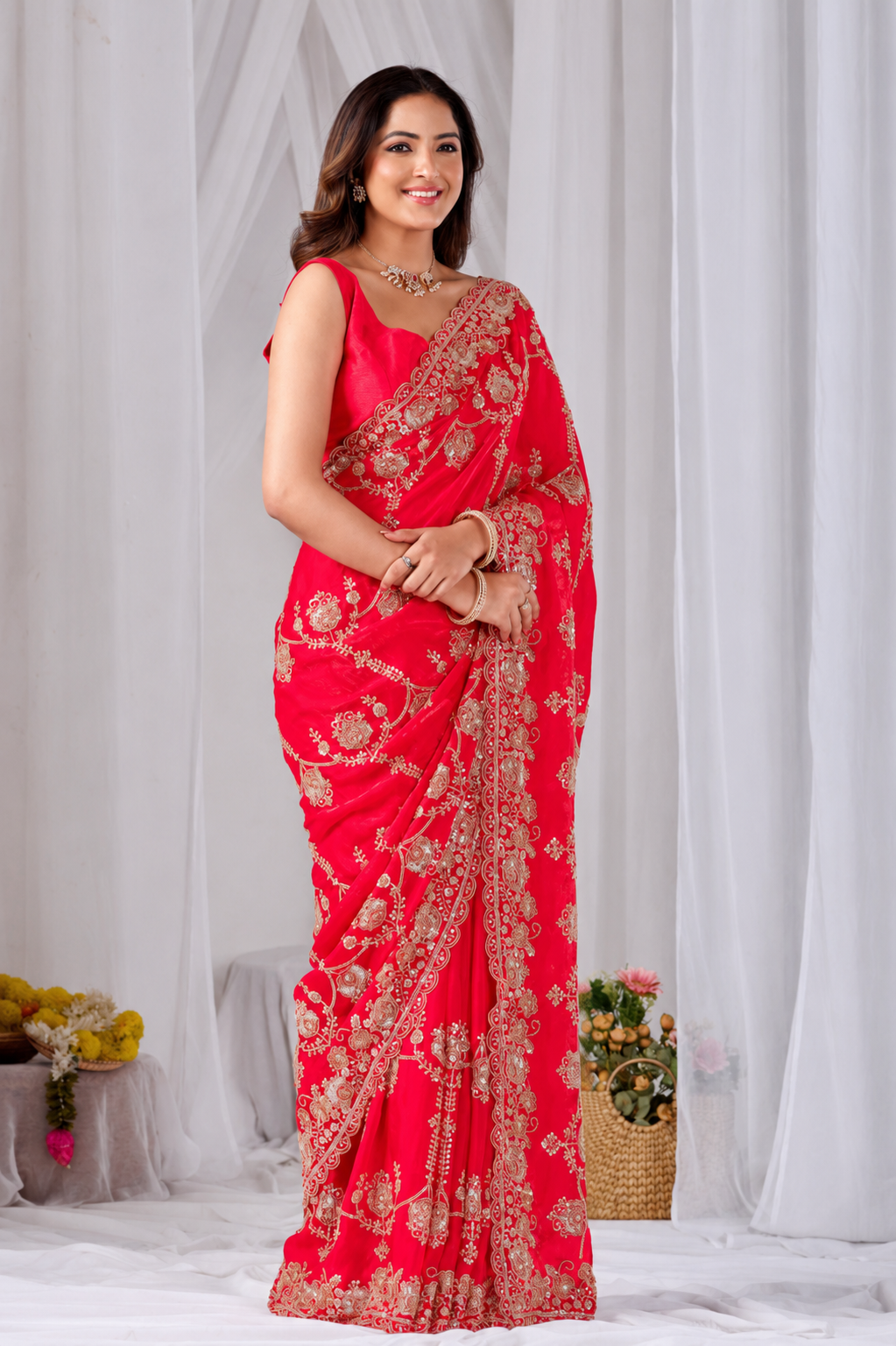 Red Beads work Embroidery Designer Saree Rose Red Beads work Embroidery Designer Saree + The Rose Red Beads Work Embroidery Designer Saree brings hand-applied bead embroidery to a rose red base, and it's built for anyone comparing options for a saree rose rather than something purely decorative. The colour reads true in both daylight and indoor event lighting, which matters more than it sounds &mdash; a lot of sarees photograph differently under venue lighting than they do in a product shot, and this one has been chosen to hold its tone consistently. &bull; Craftsmanship