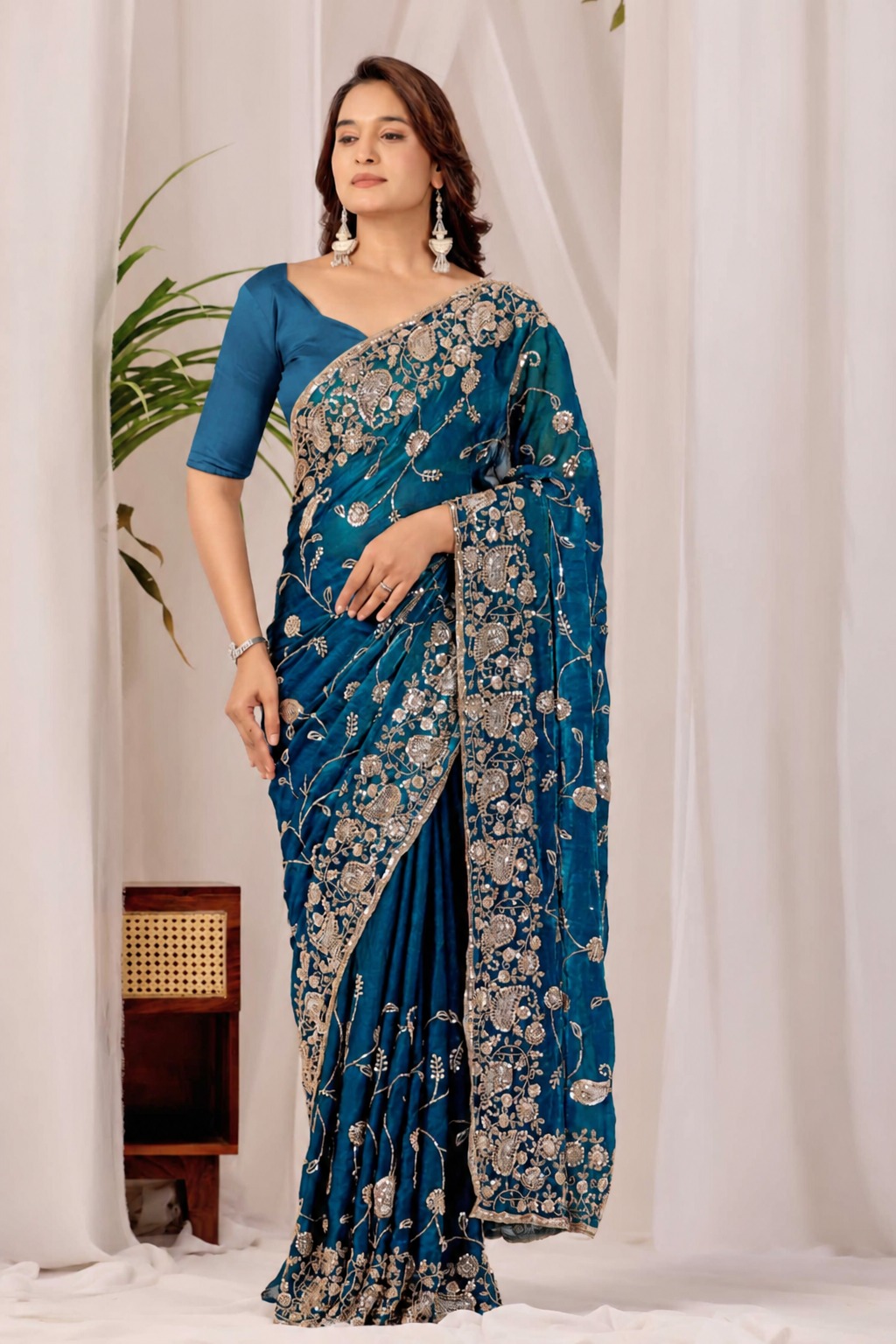 Blue Regal Floral Heritage Saree Blue Regal Floral Heritage Saree + The Blue Regal Floral Heritage Saree brings traditional floral motif weaving to a blue base, and it's built for anyone comparing options for a blue saree rather than something purely decorative. The colour reads true in both daylight and indoor event lighting, which matters more than it sounds &mdash; a lot of sarees photograph differently under venue lighting than they do in a product shot, and this one has been chosen to hold its tone consistently. &bull; Craftsmanship