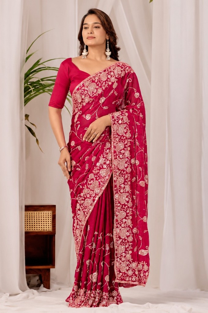 Rose Red Regal Floral Heritage Saree Rose Red Regal Floral Heritage Saree + The Rose Red Regal Floral Heritage Saree brings traditional floral motif weaving to a rose red base, and it's built for anyone comparing options for a saree rose rather than something purely decorative. The colour reads true in both daylight and indoor event lighting, which matters more than it sounds &mdash; a lot of sarees photograph differently under venue lighting than they do in a product shot, and this one has been chosen to hold its tone consistently. &bull; Craftsmanship
