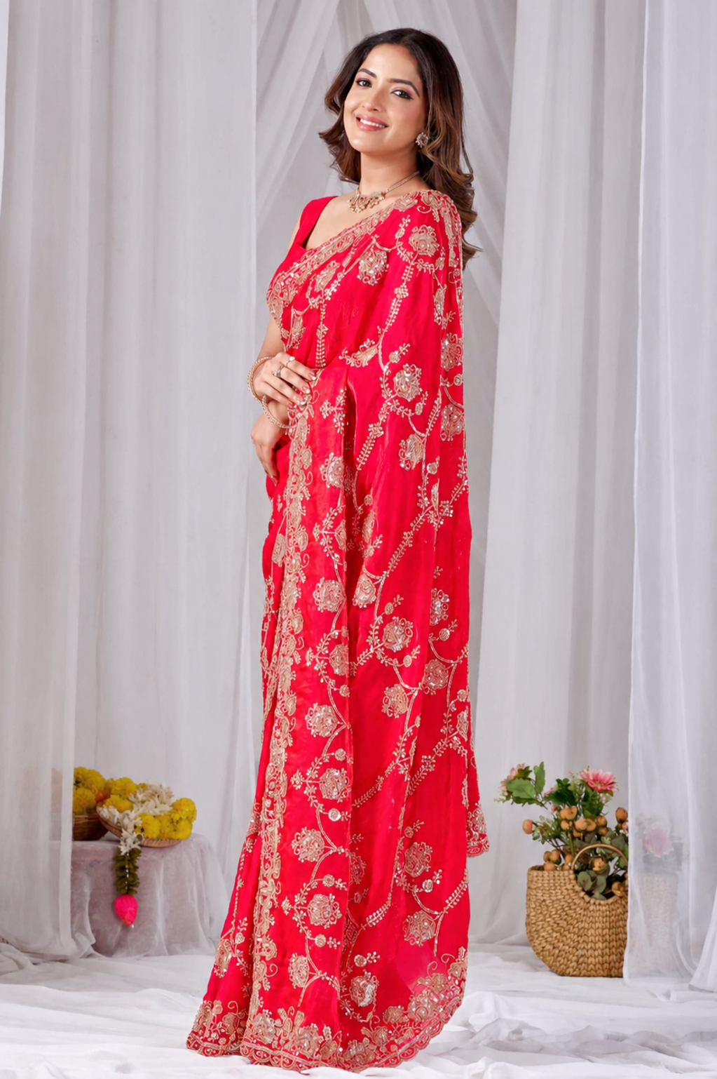 Red Beads work Embroidery Designer Saree Rose Red Beads work Embroidery Designer Saree + The Rose Red Beads Work Embroidery Designer Saree brings hand-applied bead embroidery to a rose red base, and it's built for anyone comparing options for a saree rose rather than something purely decorative. The colour reads true in both daylight and indoor event lighting, which matters more than it sounds &mdash; a lot of sarees photograph differently under venue lighting than they do in a product shot, and this one has been chosen to hold its tone consistently. &bull; Craftsmanship