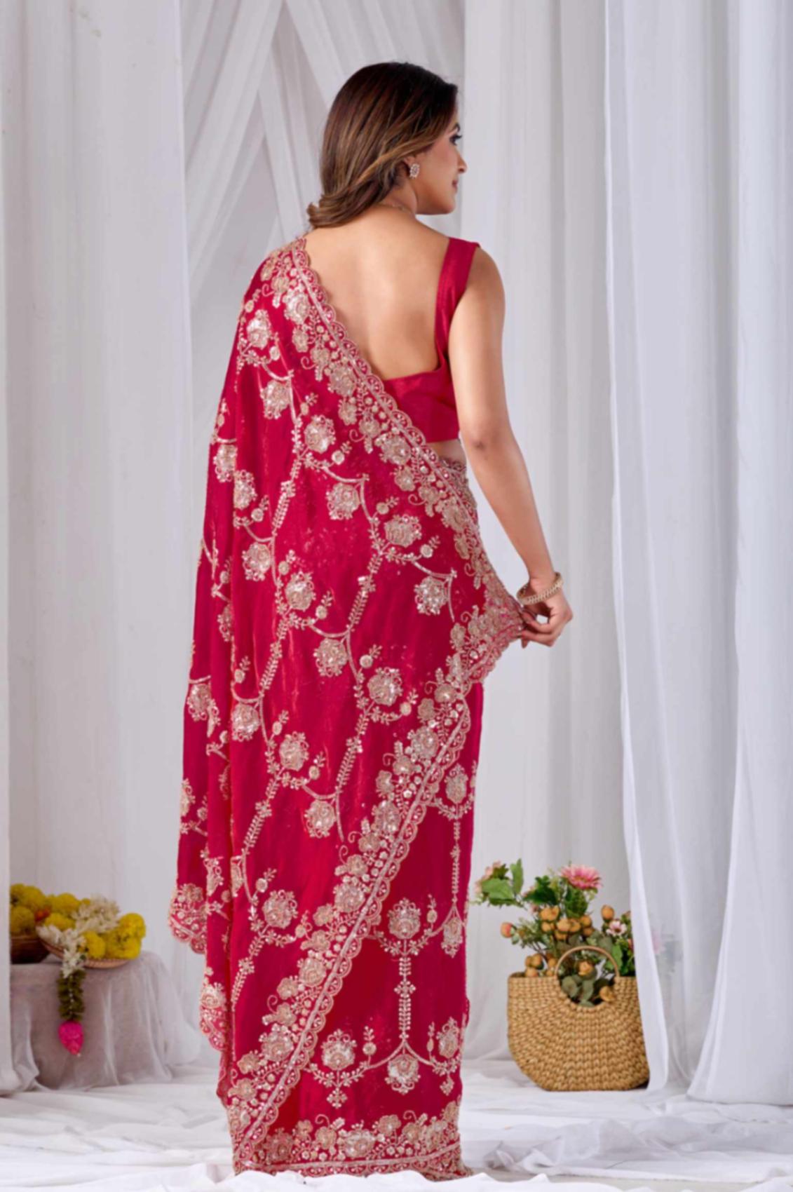 Red Beads work Embroidery Designer Saree Rose Red Beads work Embroidery Designer Saree + The Rose Red Beads Work Embroidery Designer Saree brings hand-applied bead embroidery to a rose red base, and it's built for anyone comparing options for a saree rose rather than something purely decorative. The colour reads true in both daylight and indoor event lighting, which matters more than it sounds &mdash; a lot of sarees photograph differently under venue lighting than they do in a product shot, and this one has been chosen to hold its tone consistently. &bull; Craftsmanship