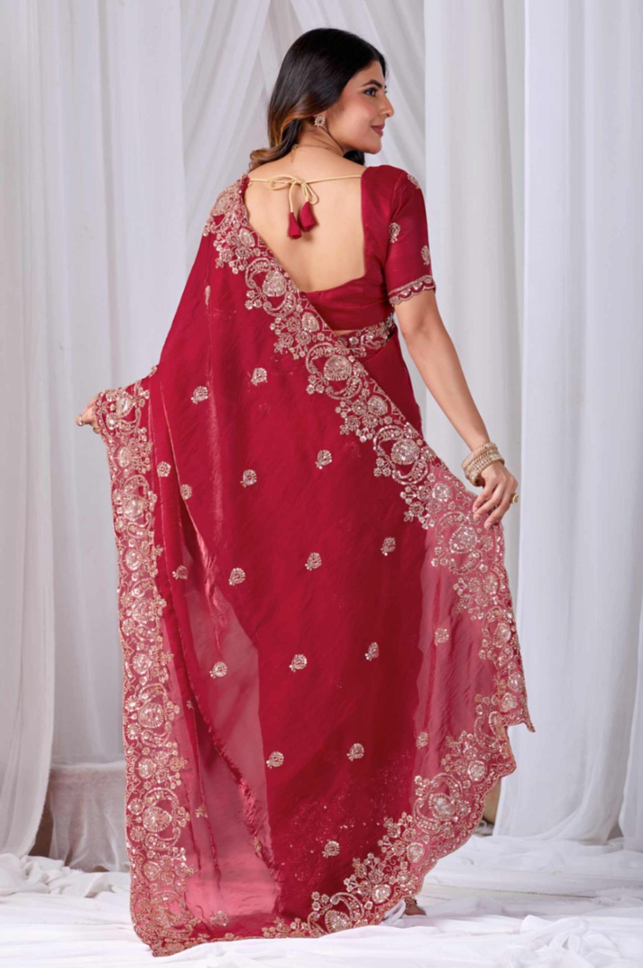 Rose Red Tikki Moti Work Embroidered Designer Saree Rose Red Tikki Moti Work Embroidered Designer Saree + The Rose Red Tikki Moti Work Embroidered Designer Saree brings tikki (metallic sequin) and moti (pearl-bead) hand embroidery to a rose red base, and it's built for anyone comparing options for a saree rose rather than something purely decorative. The colour reads true in both daylight and indoor event lighting, which matters more than it sounds &mdash; a lot of sarees photograph differently under venue lighting than they do in a product shot, and this one has been chosen to hold its tone consistently. &bull; Craftsmanship