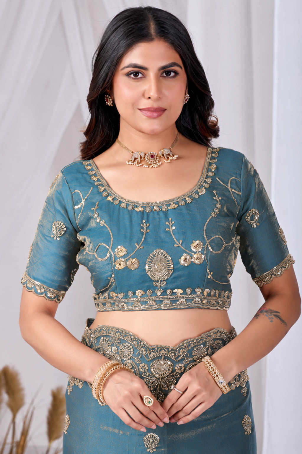 Azure Blue Tikki Moti Work Embroidered Designer Saree Azure Blue Tikki Moti Work Embroidered Designer Saree + The Azure Blue Tikki Moti Work Embroidered Designer Saree brings tikki (metallic sequin) and moti (pearl-bead) hand embroidery to a azure blue base, and it's built for anyone comparing options for an azure blue saree rather than something purely decorative. The colour reads true in both daylight and indoor event lighting, which matters more than it sounds &mdash; a lot of sarees photograph differently under venue lighting than they do in a product shot, and this one has been chosen to hold its tone consistently. &bull; Craftsmanship