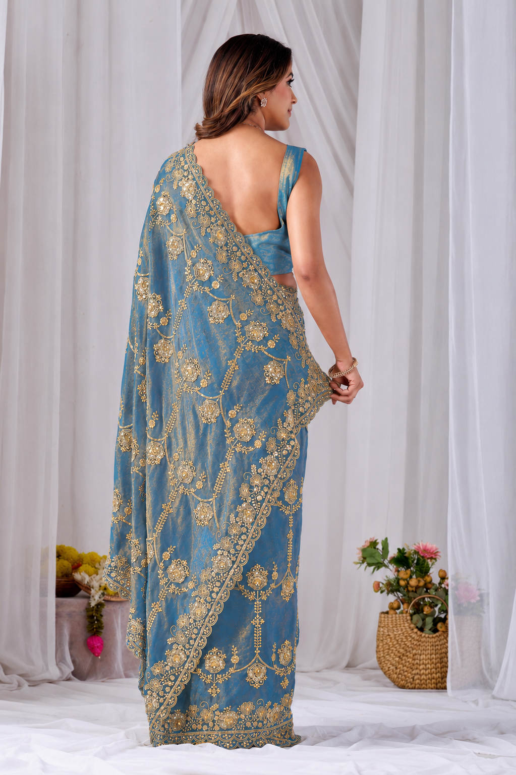 Azure Blue Beads work Embroidery Designer Saree Azure Blue Beads work Embroidery Designer Saree + The Azure Blue Beads Work Embroidery Designer Saree brings hand-applied bead embroidery to a azure blue base, and it's built for anyone comparing options for an azure blue saree rather than something purely decorative. The colour reads true in both daylight and indoor event lighting, which matters more than it sounds &mdash; a lot of sarees photograph differently under venue lighting than they do in a product shot, and this one has been chosen to hold its tone consistently. &bull; Craftsmanship