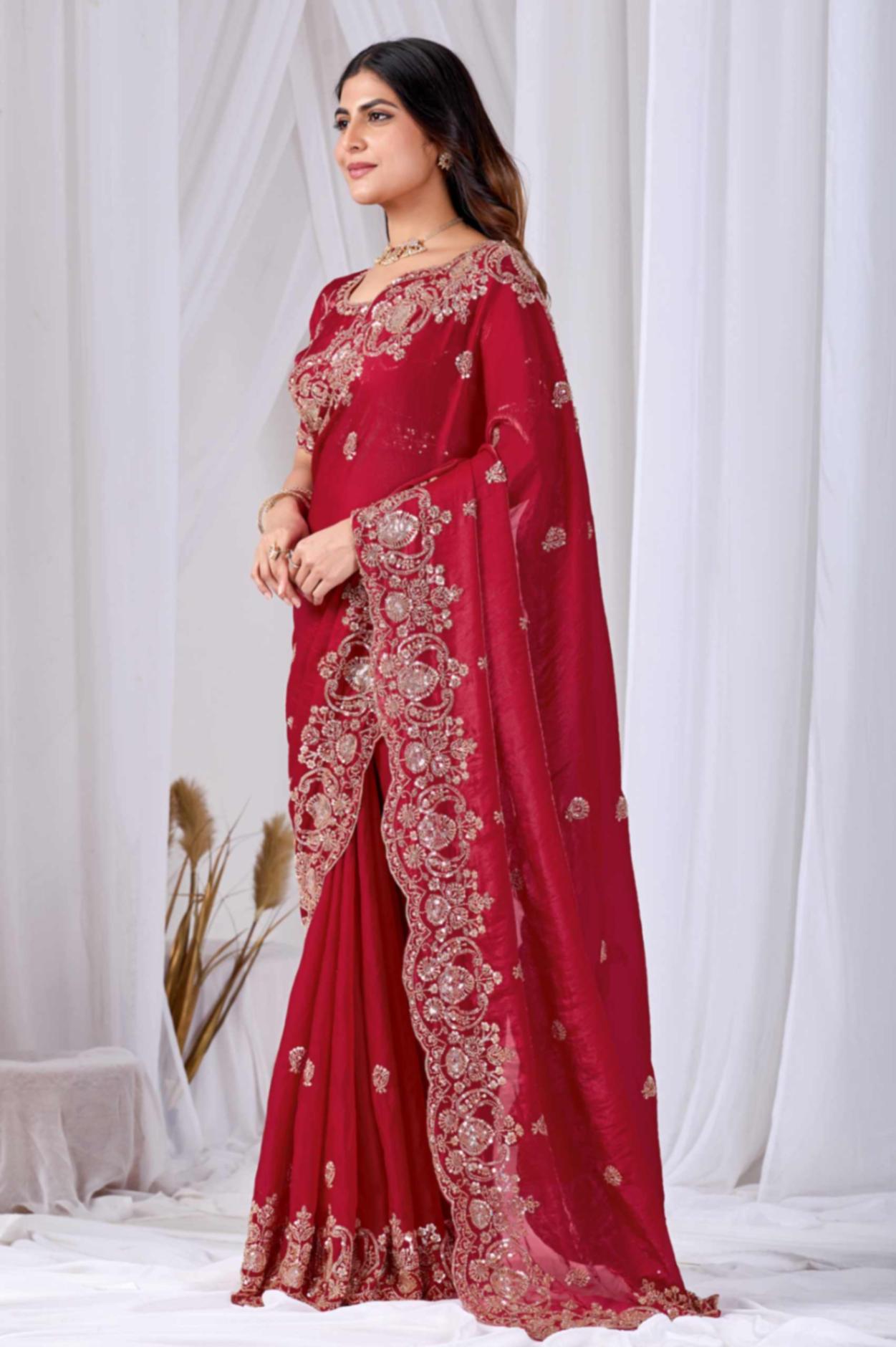 Rose Red Tikki Moti Work Embroidered Designer Saree Rose Red Tikki Moti Work Embroidered Designer Saree + The Rose Red Tikki Moti Work Embroidered Designer Saree brings tikki (metallic sequin) and moti (pearl-bead) hand embroidery to a rose red base, and it's built for anyone comparing options for a saree rose rather than something purely decorative. The colour reads true in both daylight and indoor event lighting, which matters more than it sounds &mdash; a lot of sarees photograph differently under venue lighting than they do in a product shot, and this one has been chosen to hold its tone consistently. &bull; Craftsmanship