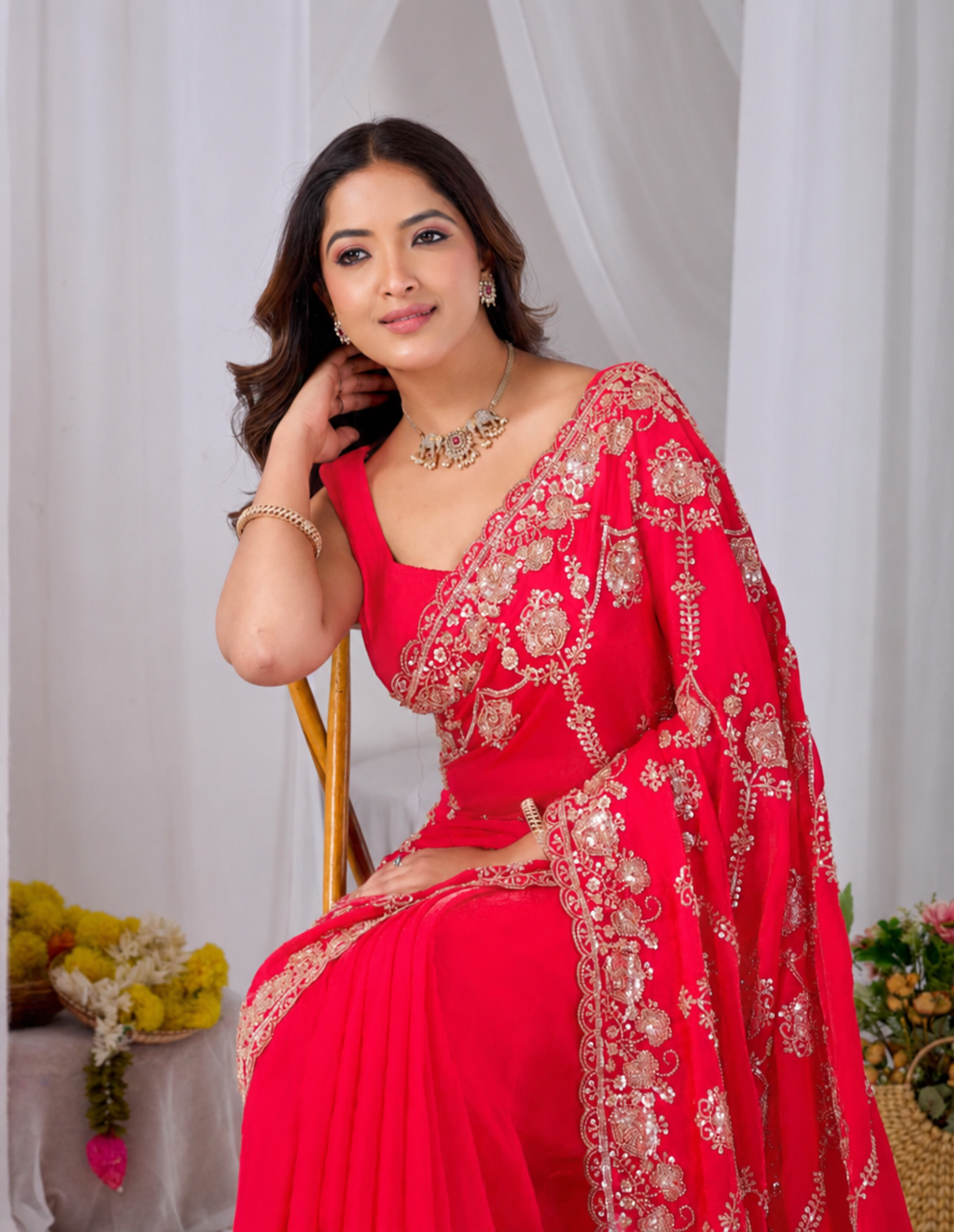 Red Beads work Embroidery Designer Saree Rose Red Beads work Embroidery Designer Saree + The Rose Red Beads Work Embroidery Designer Saree brings hand-applied bead embroidery to a rose red base, and it's built for anyone comparing options for a saree rose rather than something purely decorative. The colour reads true in both daylight and indoor event lighting, which matters more than it sounds &mdash; a lot of sarees photograph differently under venue lighting than they do in a product shot, and this one has been chosen to hold its tone consistently. &bull; Craftsmanship