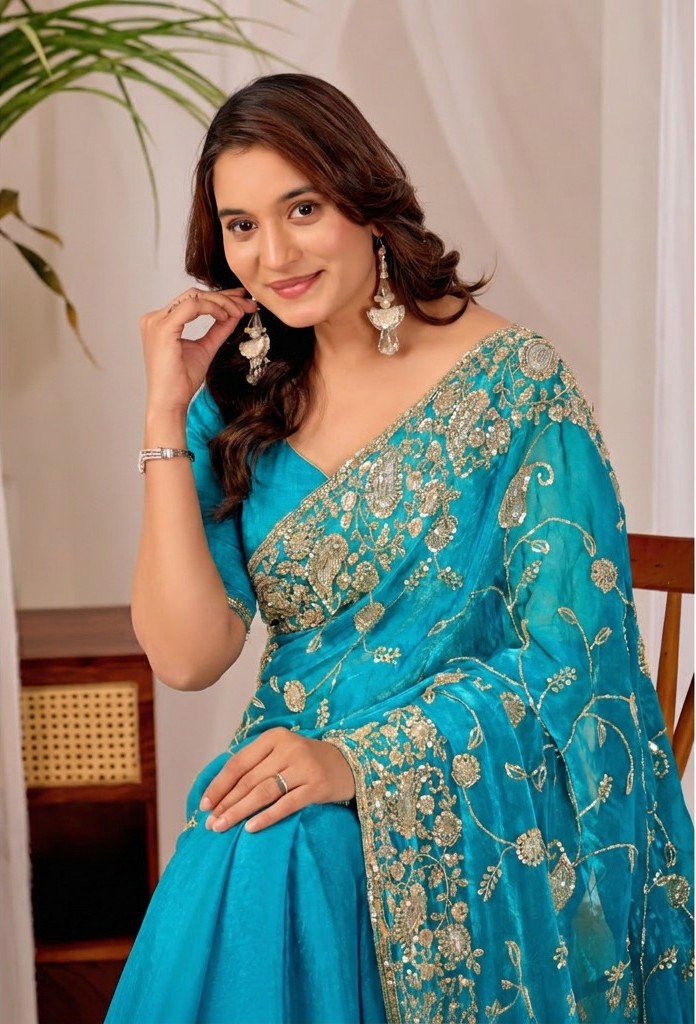 Sky Blue Regal Teal Floral Heritage Saree Sky Blue Regal Teal Floral Heritage Saree + The Sky Blue Regal Floral Heritage Saree brings traditional floral motif weaving to a sky blue base, and it's built for anyone comparing options for a sky sarees rather than something purely decorative. The colour reads true in both daylight and indoor event lighting, which matters more than it sounds &mdash; a lot of sarees photograph differently under venue lighting than they do in a product shot, and this one has been chosen to hold its tone consistently. &bull; Craftsmanship