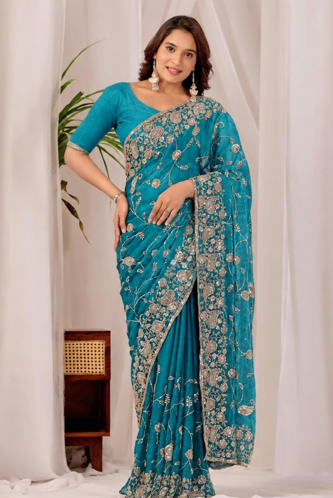 Sky Blue Regal Teal Floral Heritage Saree Sky Blue Regal Teal Floral Heritage Saree + The Sky Blue Regal Floral Heritage Saree brings traditional floral motif weaving to a sky blue base, and it's built for anyone comparing options for a sky sarees rather than something purely decorative. The colour reads true in both daylight and indoor event lighting, which matters more than it sounds &mdash; a lot of sarees photograph differently under venue lighting than they do in a product shot, and this one has been chosen to hold its tone consistently. &bull; Craftsmanship