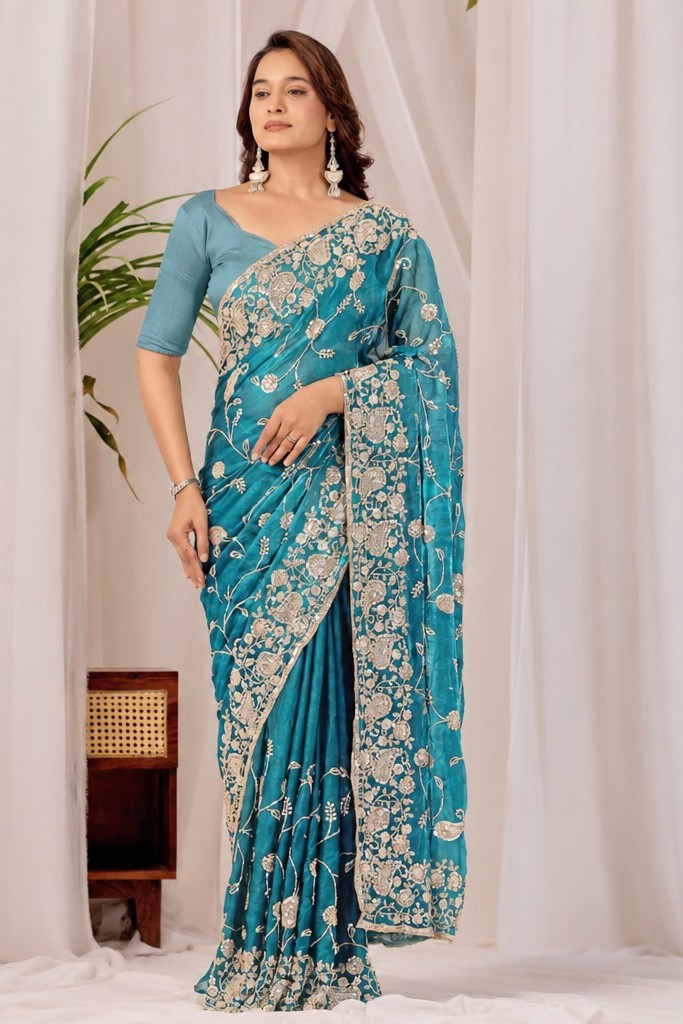 Teal Blue Regal Teal Floral Heritage Saree Teal Blue Regal Floral Heritage Saree + The Teal Blue Regal Floral Heritage Saree brings traditional floral motif weaving to a teal blue base, and it's built for anyone comparing options for a teal color saree rather than something purely decorative. The colour reads true in both daylight and indoor event lighting, which matters more than it sounds &mdash; a lot of sarees photograph differently under venue lighting than they do in a product shot, and this one has been chosen to hold its tone consistently. &bull; Craftsmanship