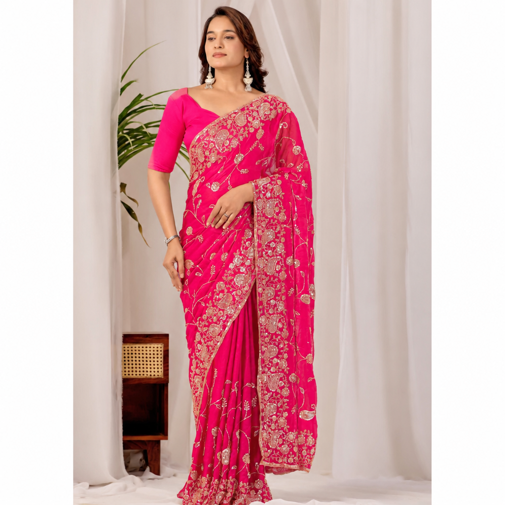 Dark Pink Regal Floral Heritage Saree Dark Pink Regal Floral Heritage Saree + The Dark Pink Regal Floral Heritage Saree brings traditional floral motif weaving to a dark pink base, and it's built for anyone comparing options for a dark pink saree rather than something purely decorative. The colour reads true in both daylight and indoor event lighting, which matters more than it sounds &mdash; a lot of sarees photograph differently under venue lighting than they do in a product shot, and this one has been chosen to hold its tone consistently. &bull; Craftsmanship