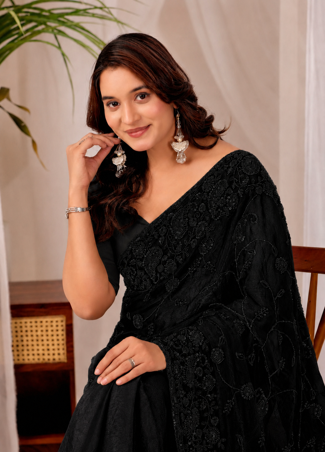 Black Regal Floral Heritage Saree Black Regal Floral Heritage Saree + The Black Regal Floral Heritage Saree brings traditional floral motif weaving to a black base, and it's built for anyone comparing options for a black saree rather than something purely decorative. The colour reads true in both daylight and indoor event lighting, which matters more than it sounds &mdash; a lot of sarees photograph differently under venue lighting than they do in a product shot, and this one has been chosen to hold its tone consistently. &bull; Craftsmanship