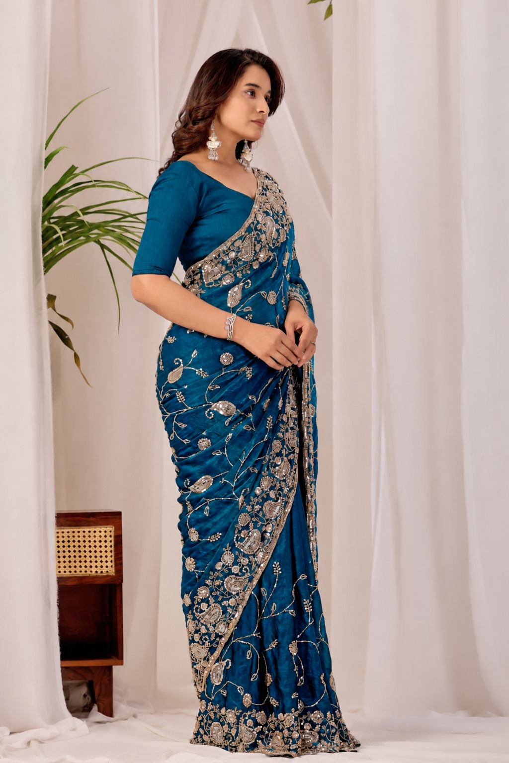 Blue Regal Floral Heritage Saree Blue Regal Floral Heritage Saree + The Blue Regal Floral Heritage Saree brings traditional floral motif weaving to a blue base, and it's built for anyone comparing options for a blue saree rather than something purely decorative. The colour reads true in both daylight and indoor event lighting, which matters more than it sounds &mdash; a lot of sarees photograph differently under venue lighting than they do in a product shot, and this one has been chosen to hold its tone consistently. &bull; Craftsmanship
